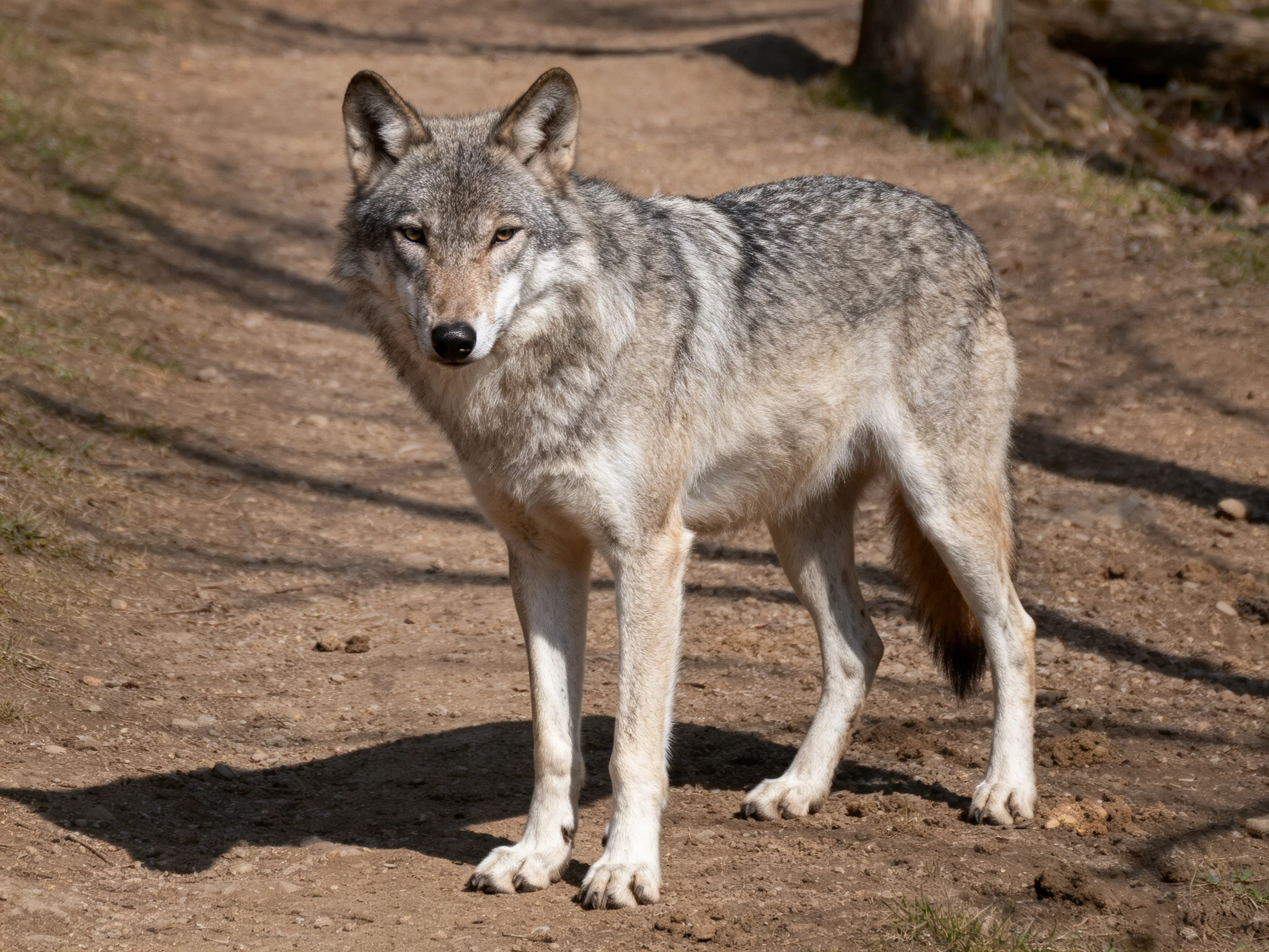 A gray wolf stands alert on a sunlit dirt path near trees.