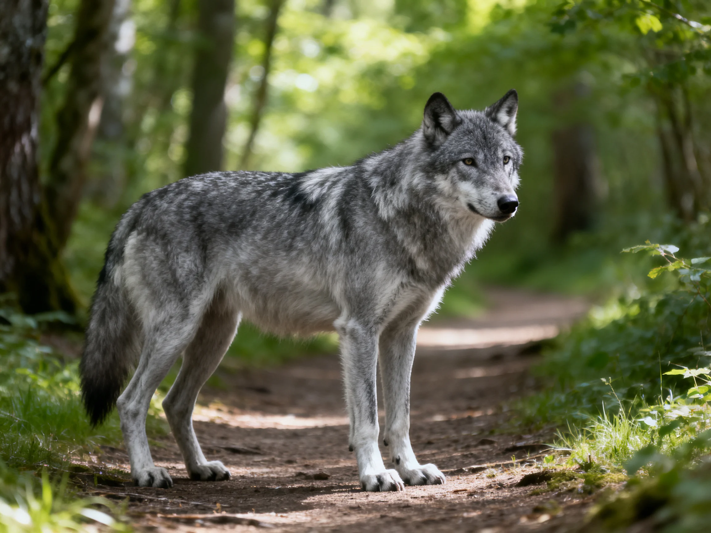 A gray wolf stands alert on a sunlit forest path