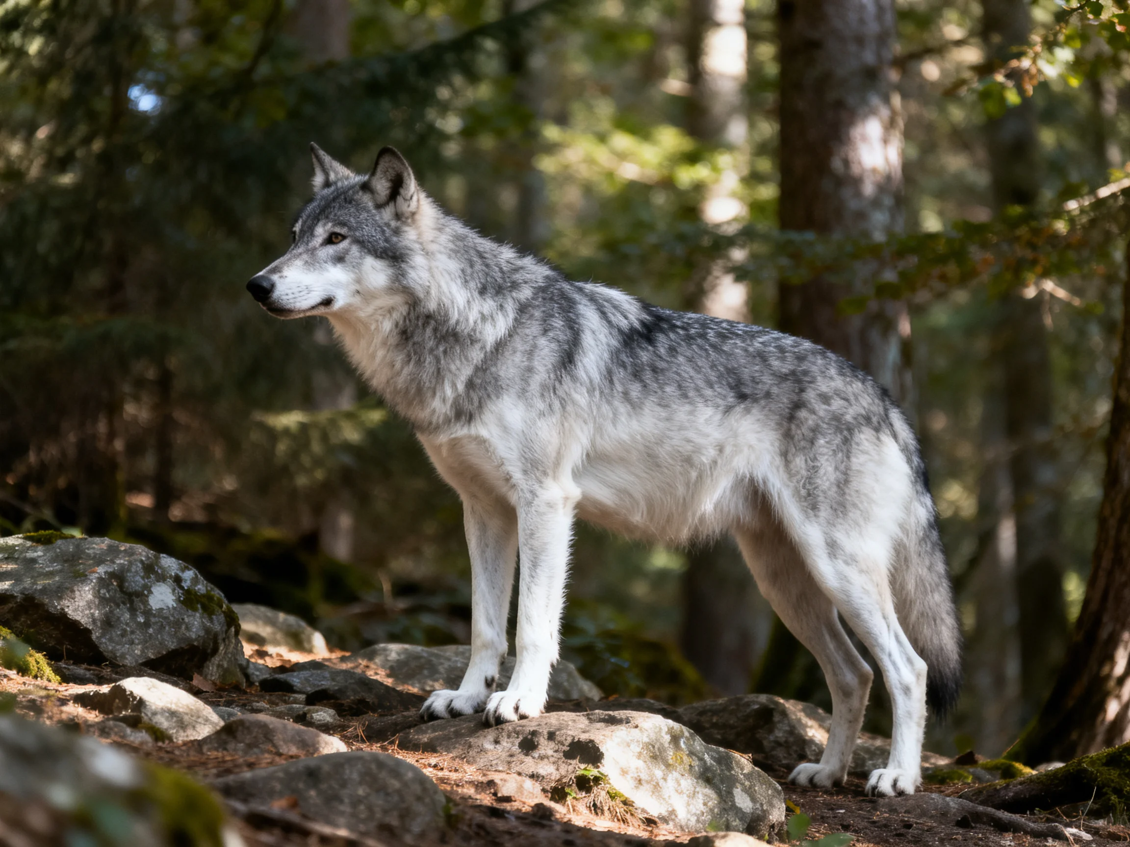 A gray wolf stands alert on mossy rocks in a sunlit forest