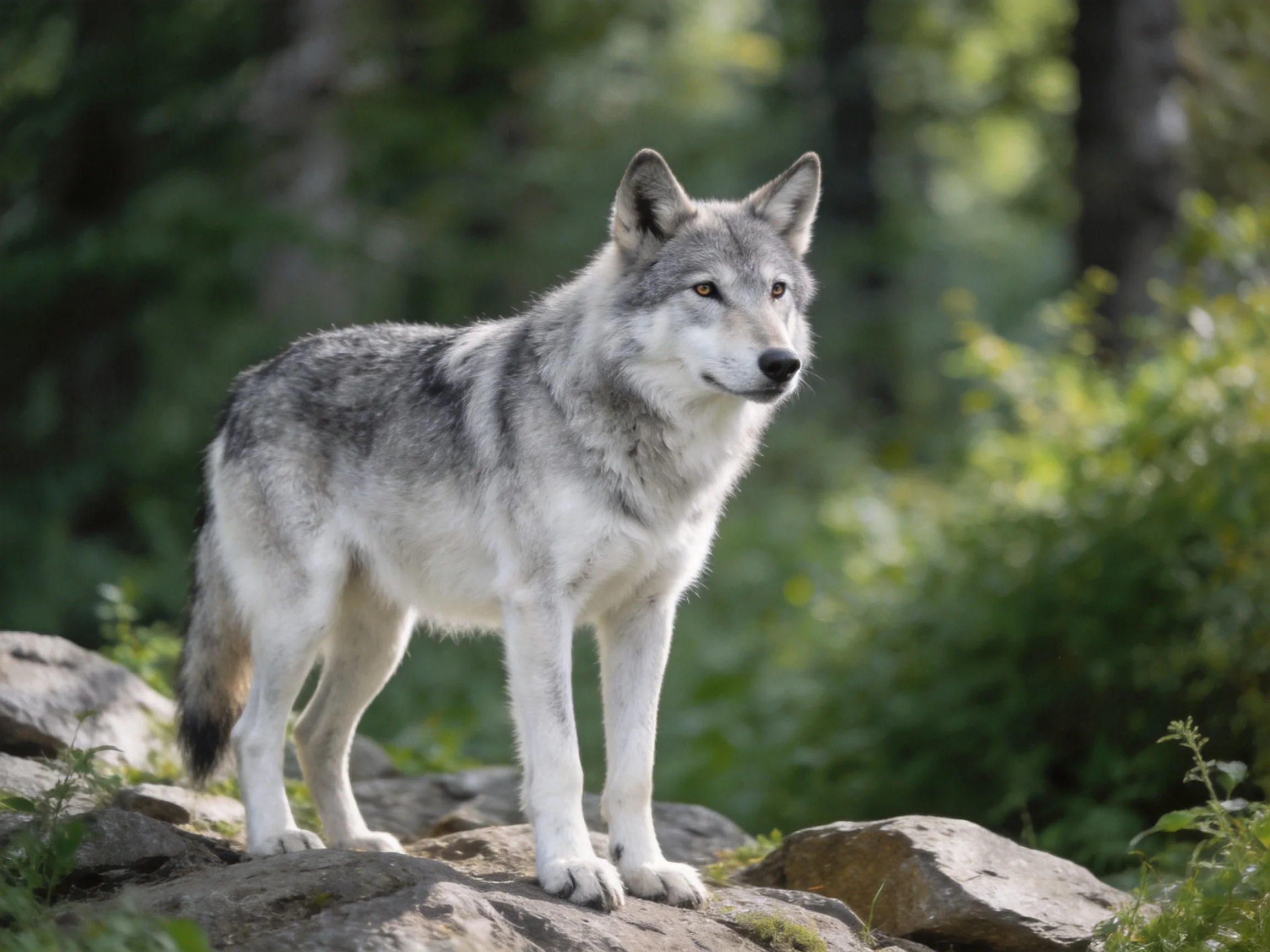 A gray wolf stands alert on rocky terrain amid lush greenery
