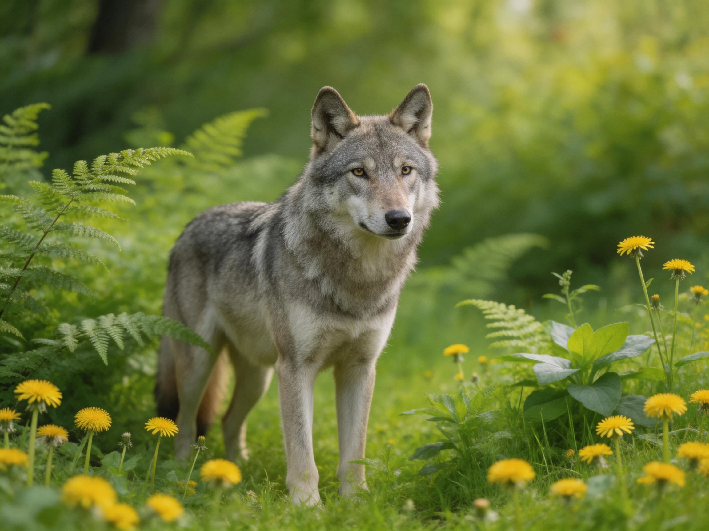A gray wolf stands amid lush ferns and vibrant yellow wildflowers