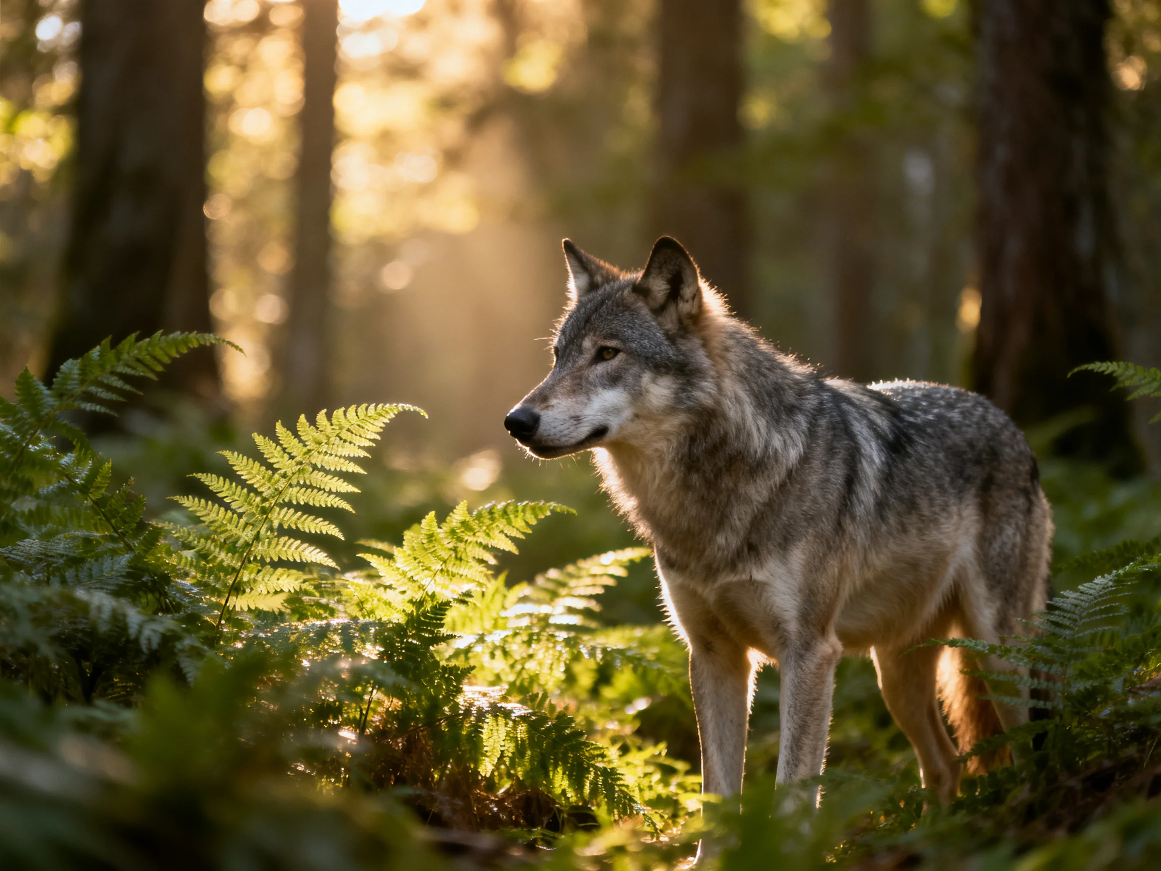 A gray wolf observes its surroundings in a sunlit forest with abundant ferns