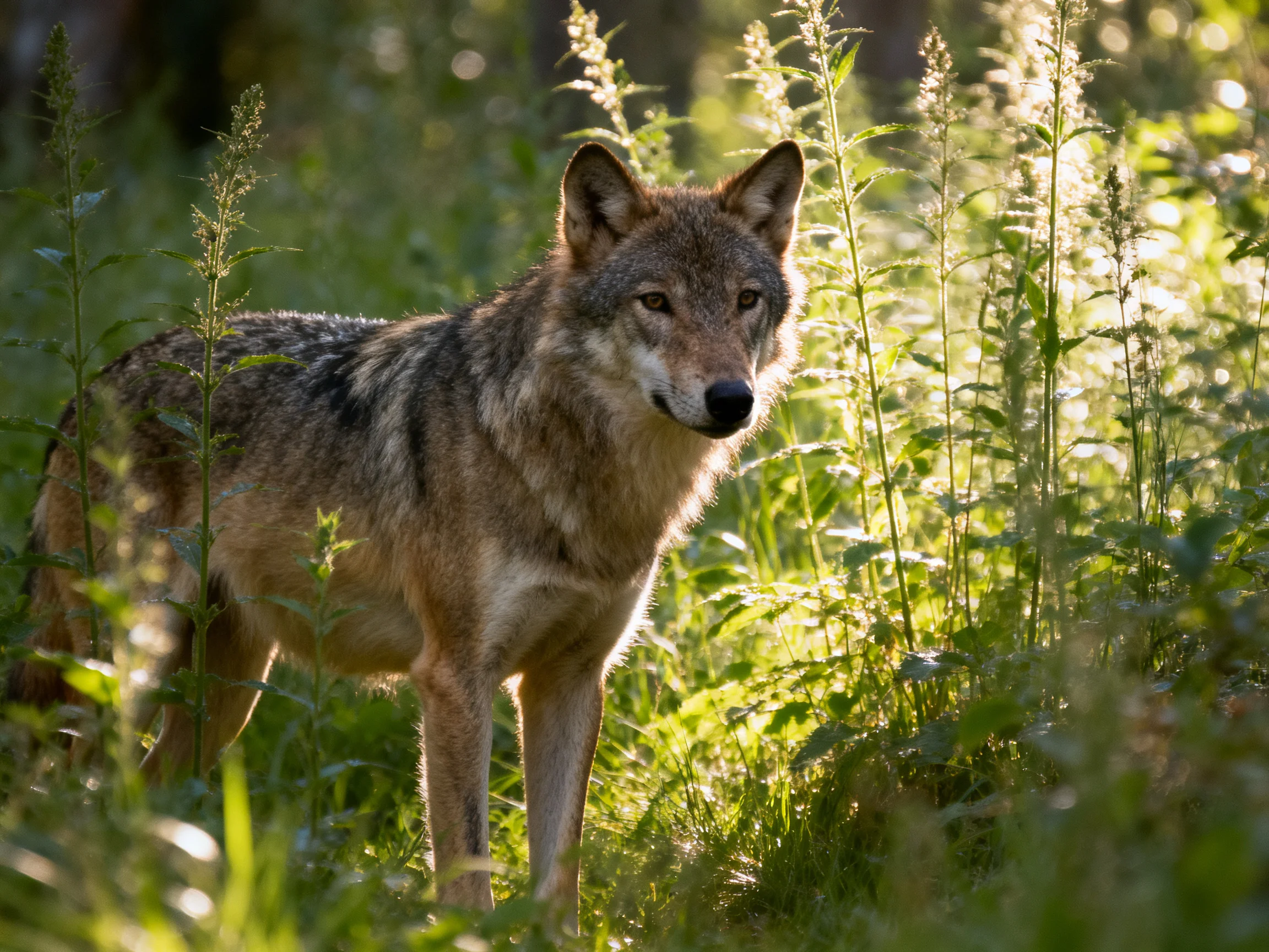 A gray wolf is surrounded by lush greenery in a sunlit outdoor setting.