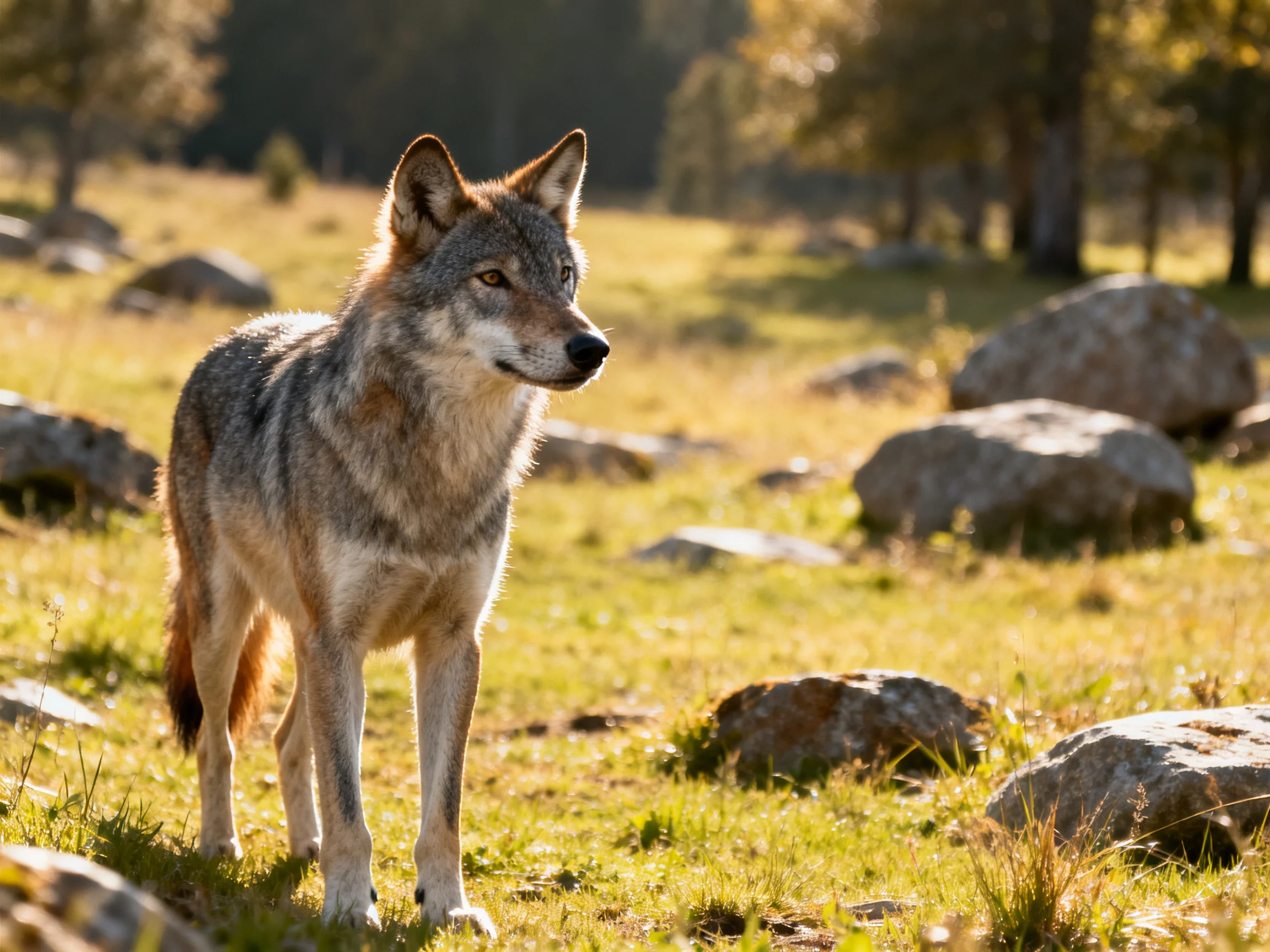 A gray wolf stands alert in a sunlit meadow with scattered rocks.