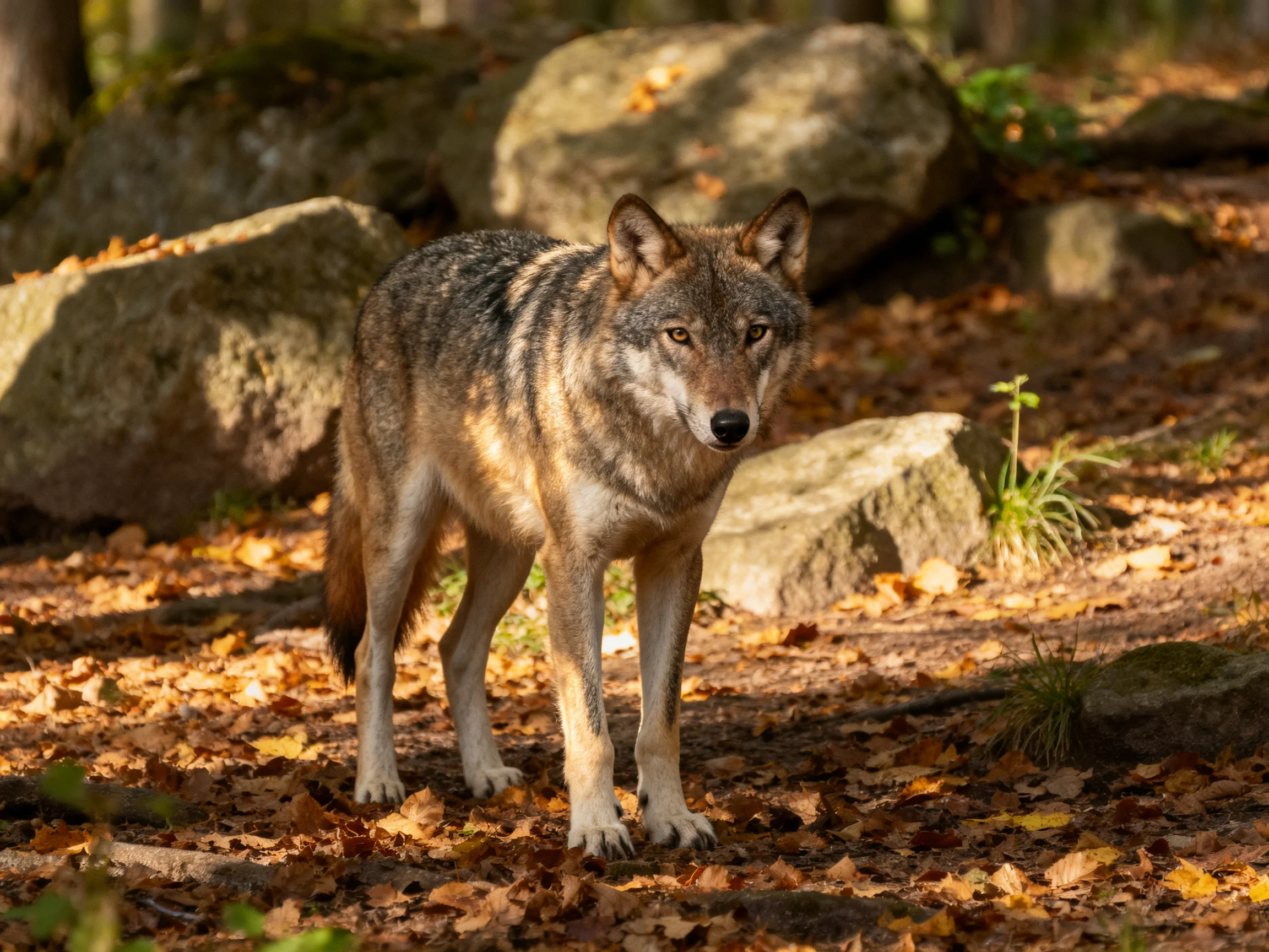 A gray wolf stands among large rocks and golden autumn leaves