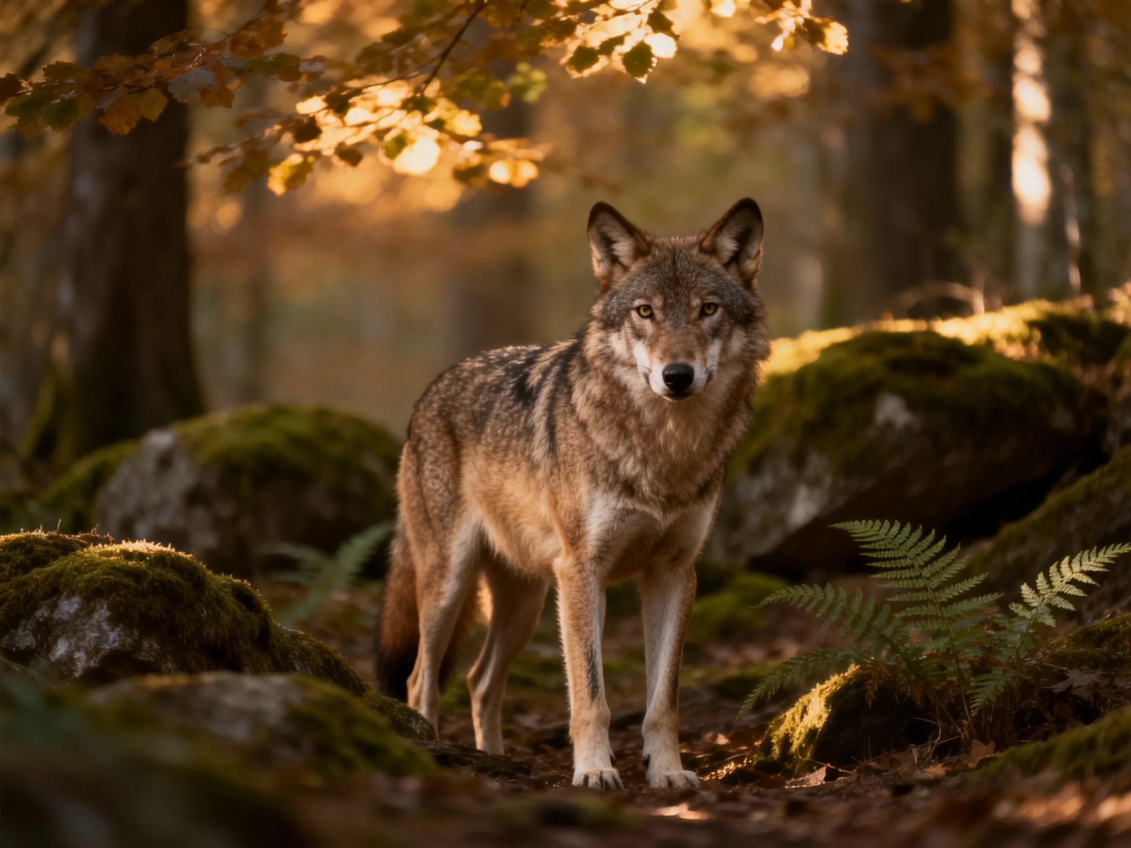 A gray wolf stands in a sunlit, mossy forest setting.