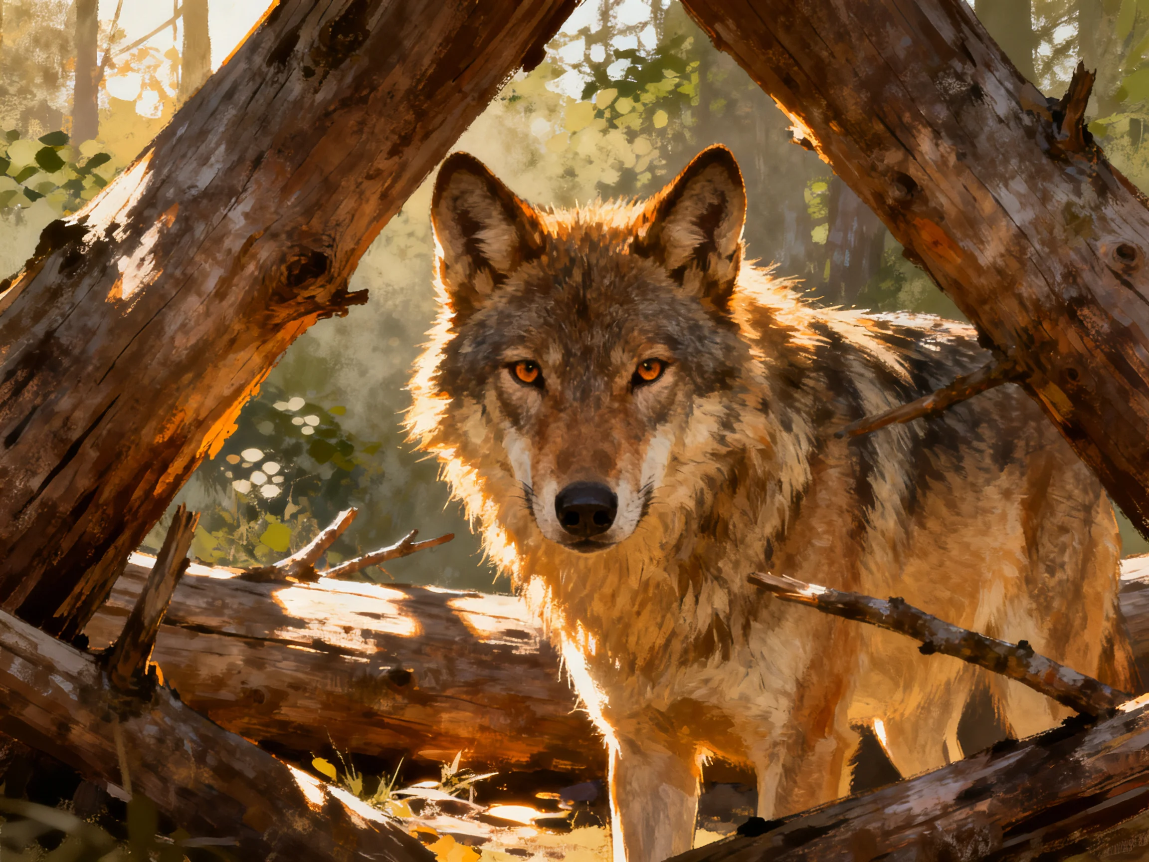 A gray wolf stands among weathered wooden logs in sunlit forest