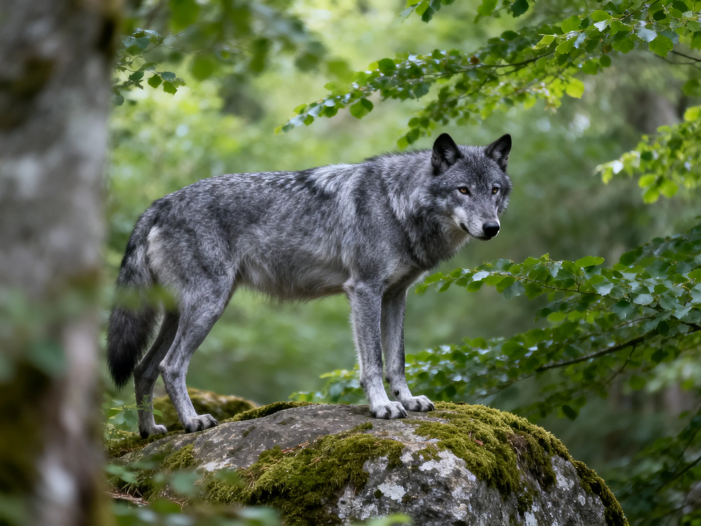 A gray wolf stands atop a moss - covered rock in a lush forest