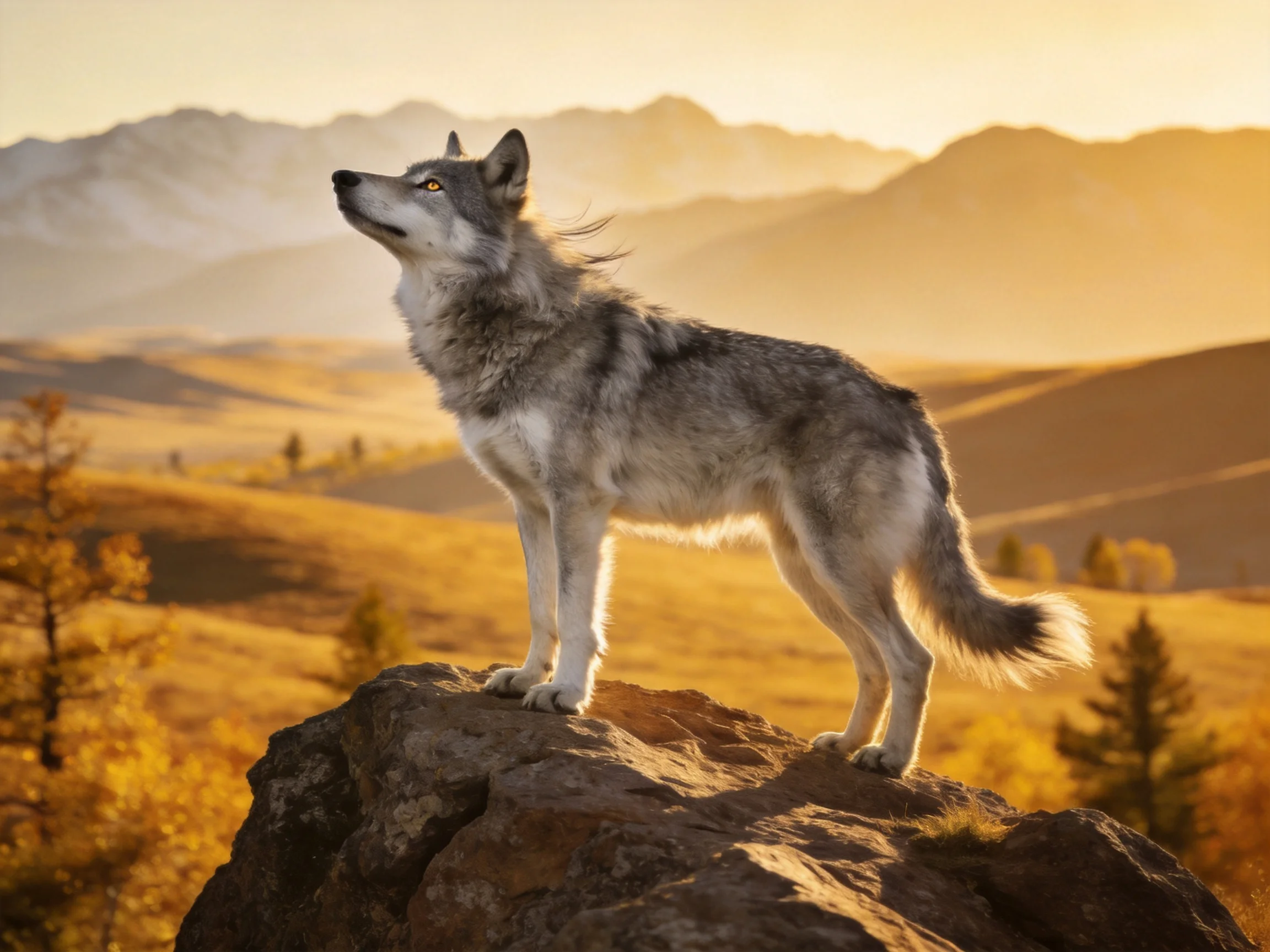 A gray wolf surveys a golden, mountainous landscape from a rocky peak