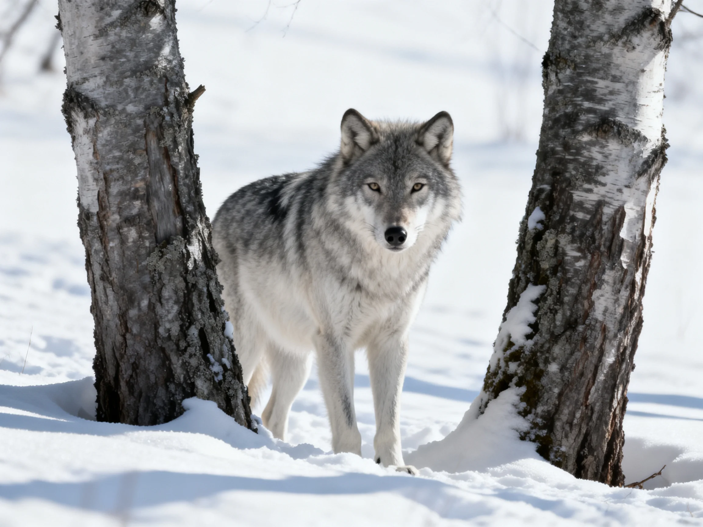 A gray wolf stands near two birch trees in the snowy environment.