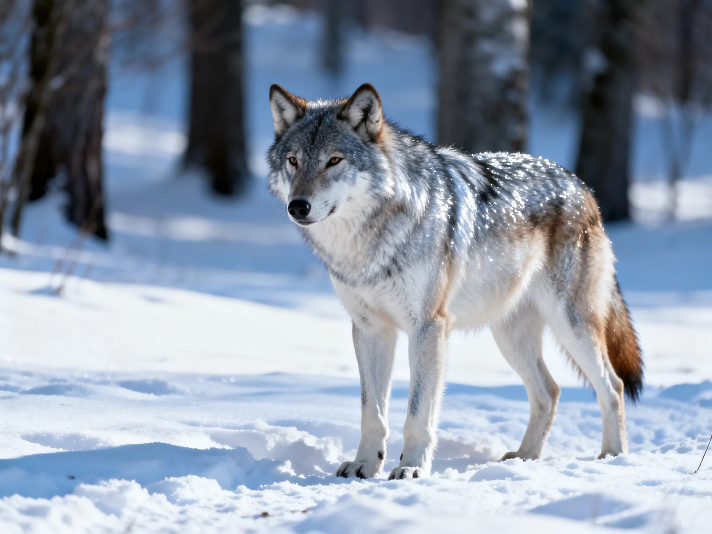 A gray wolf stands in a snowy forest environment.