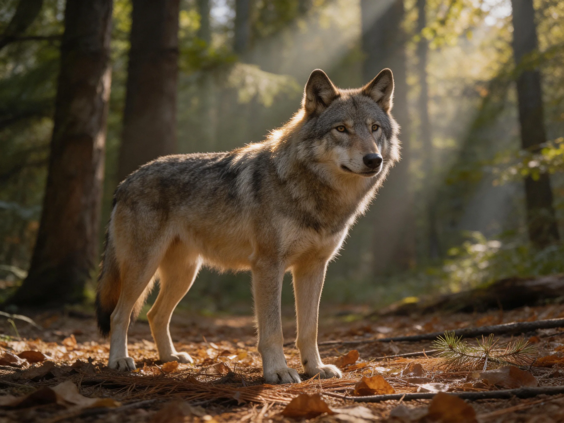 A gray wolf stands in a sun-dappled autumn forest