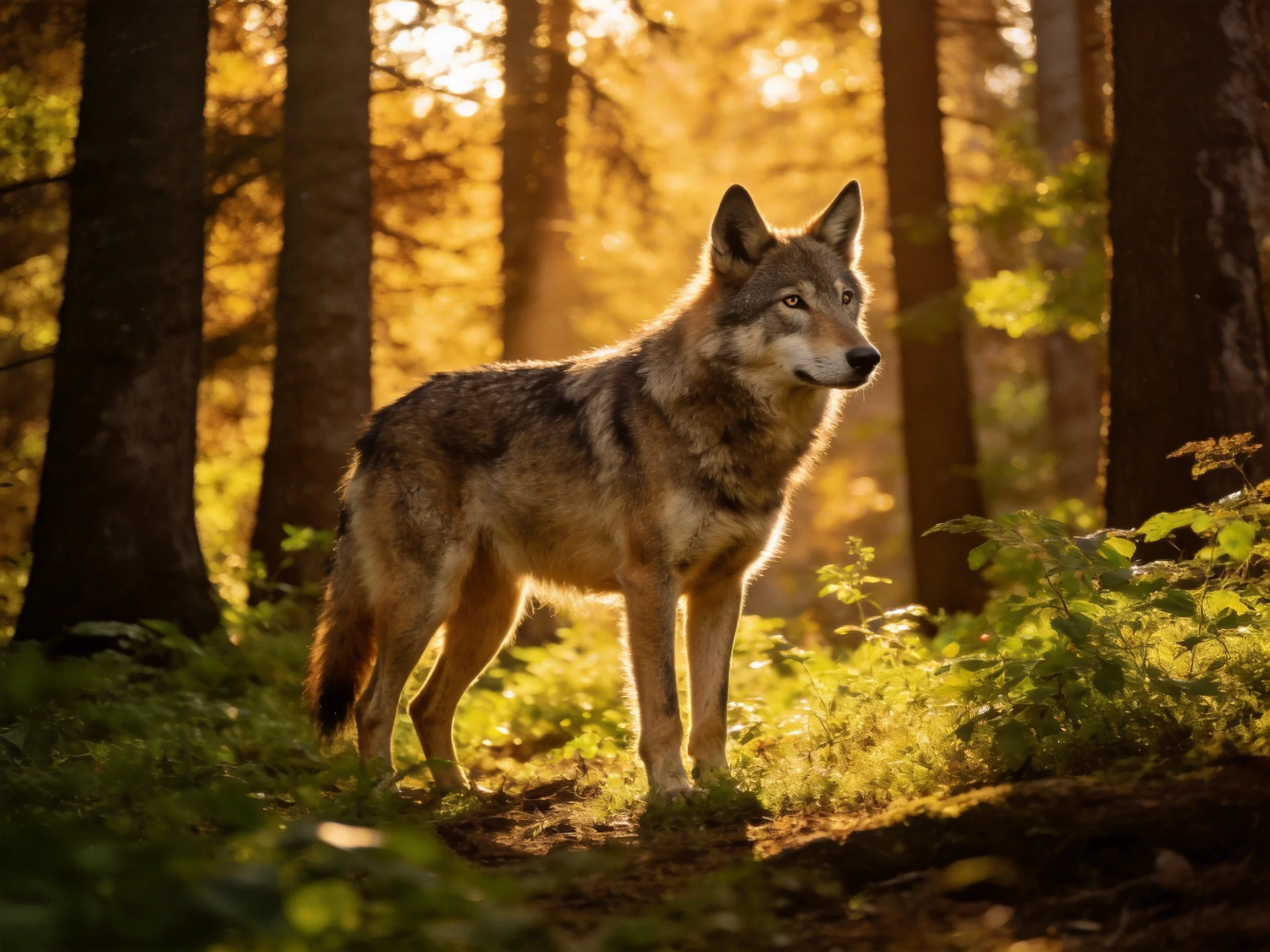A gray wolf stands in a sunlit forest with tall trees