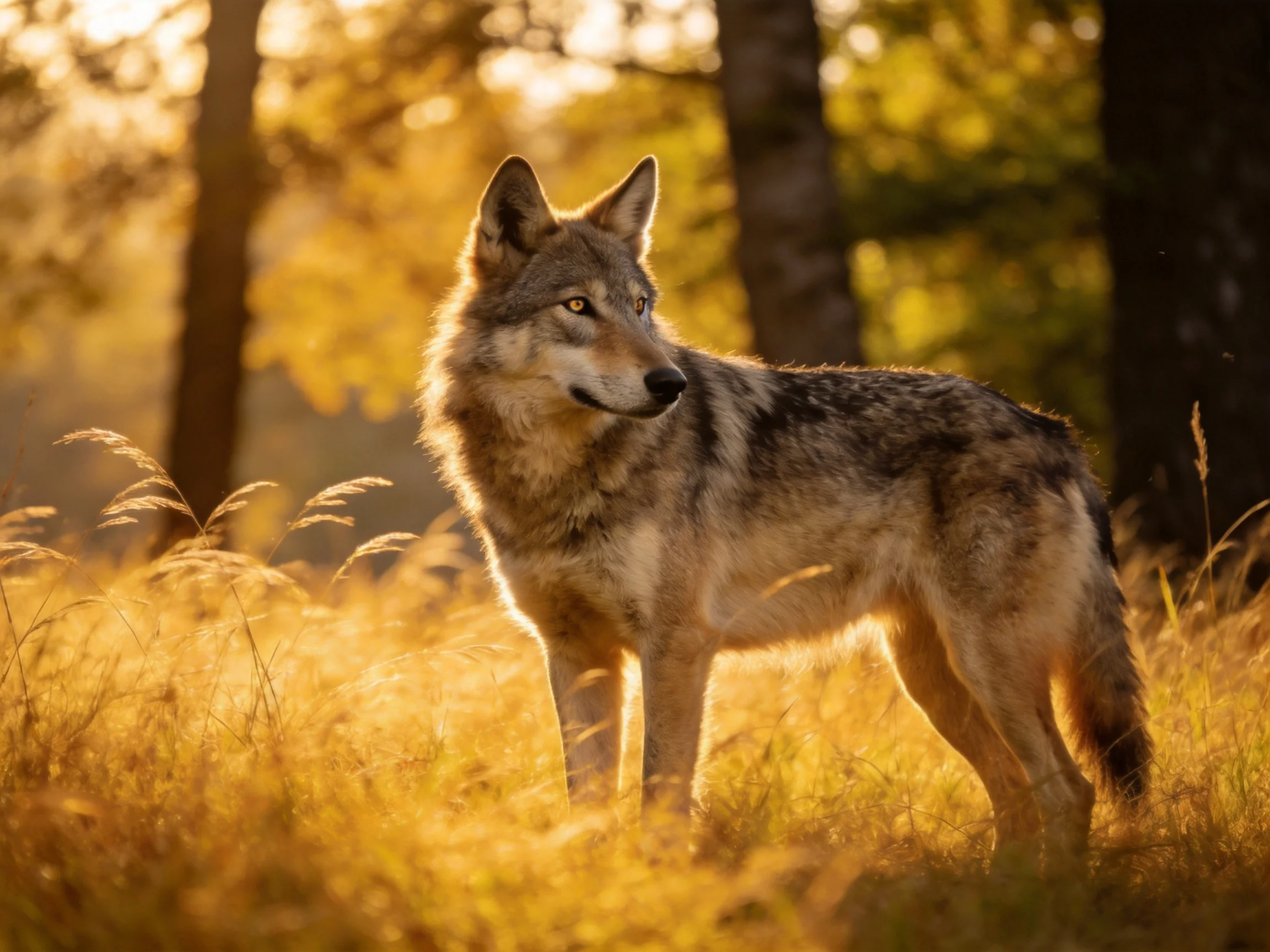 A gray wolf stands in golden grass near tall trees
