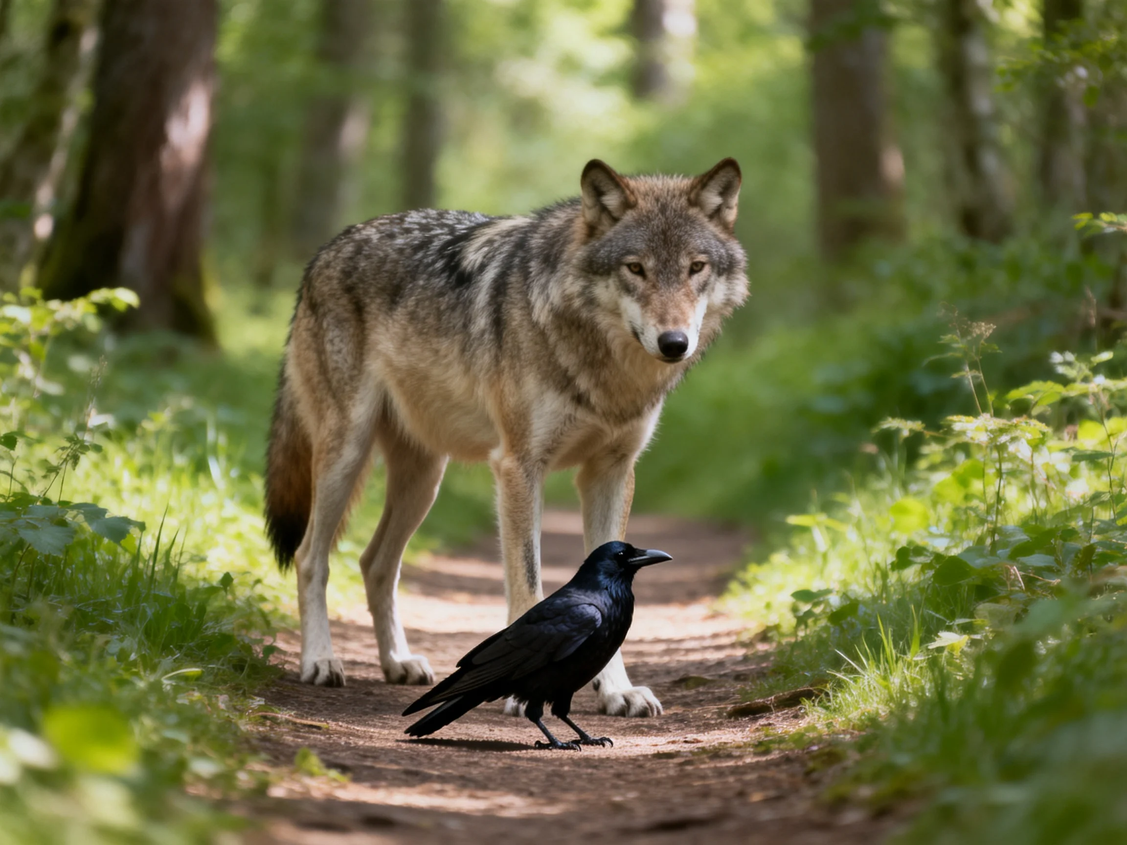 A gray wolf stands near a black crow on a sunlit forest path