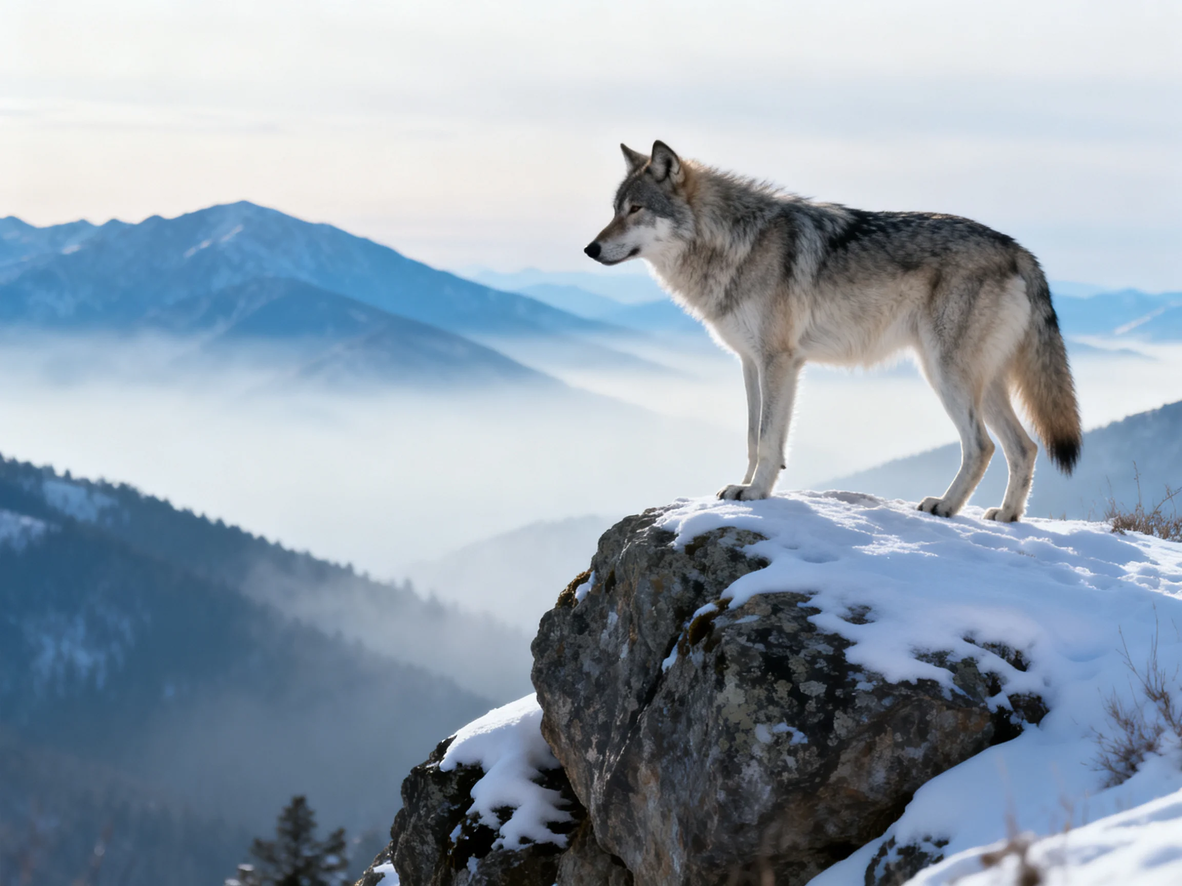 A gray wolf stands on a snow-dusted cliff overlooking misty mountains.