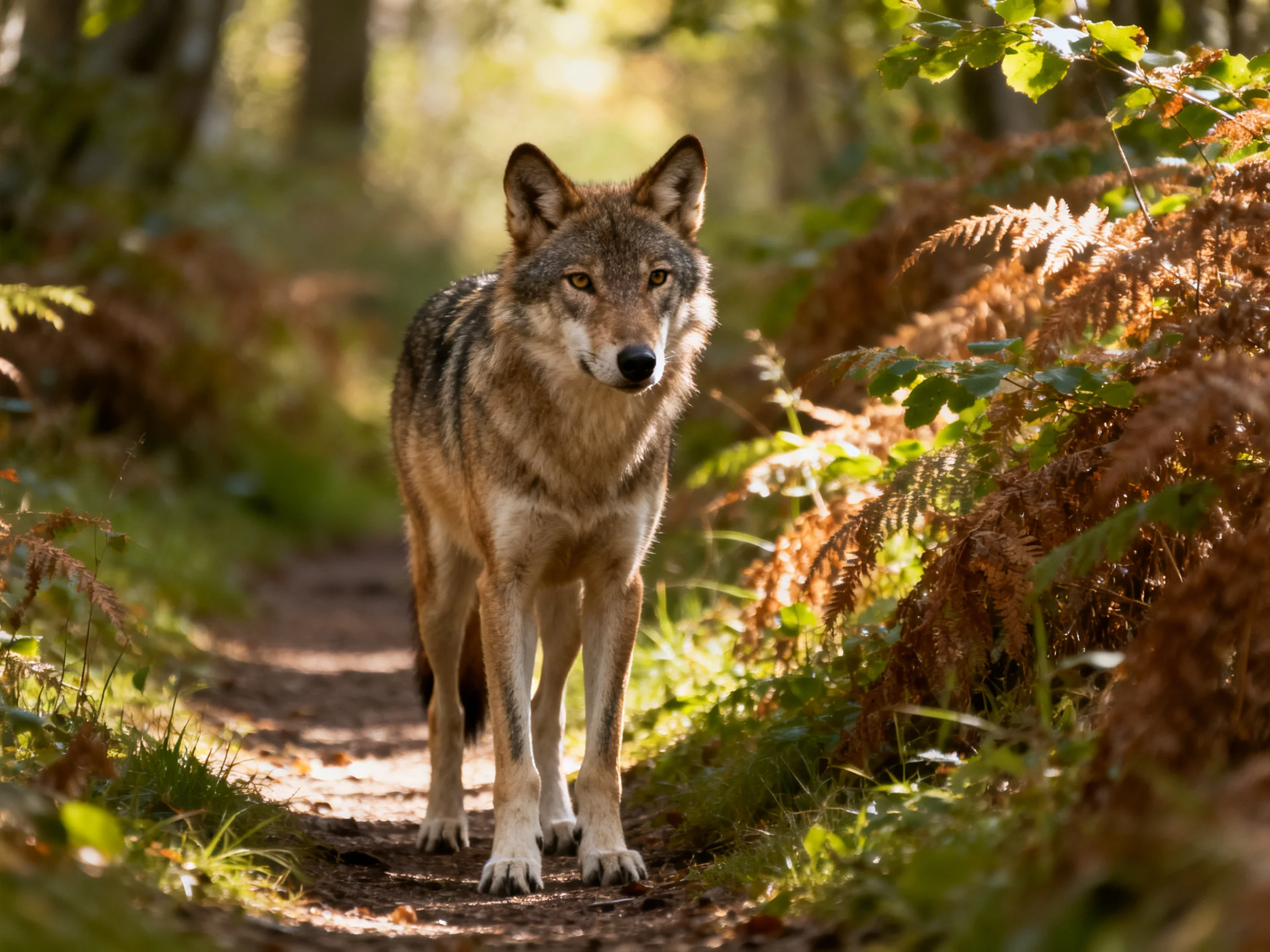 A gray wolf walks along a sunlit forest trail amid lush vegetation.