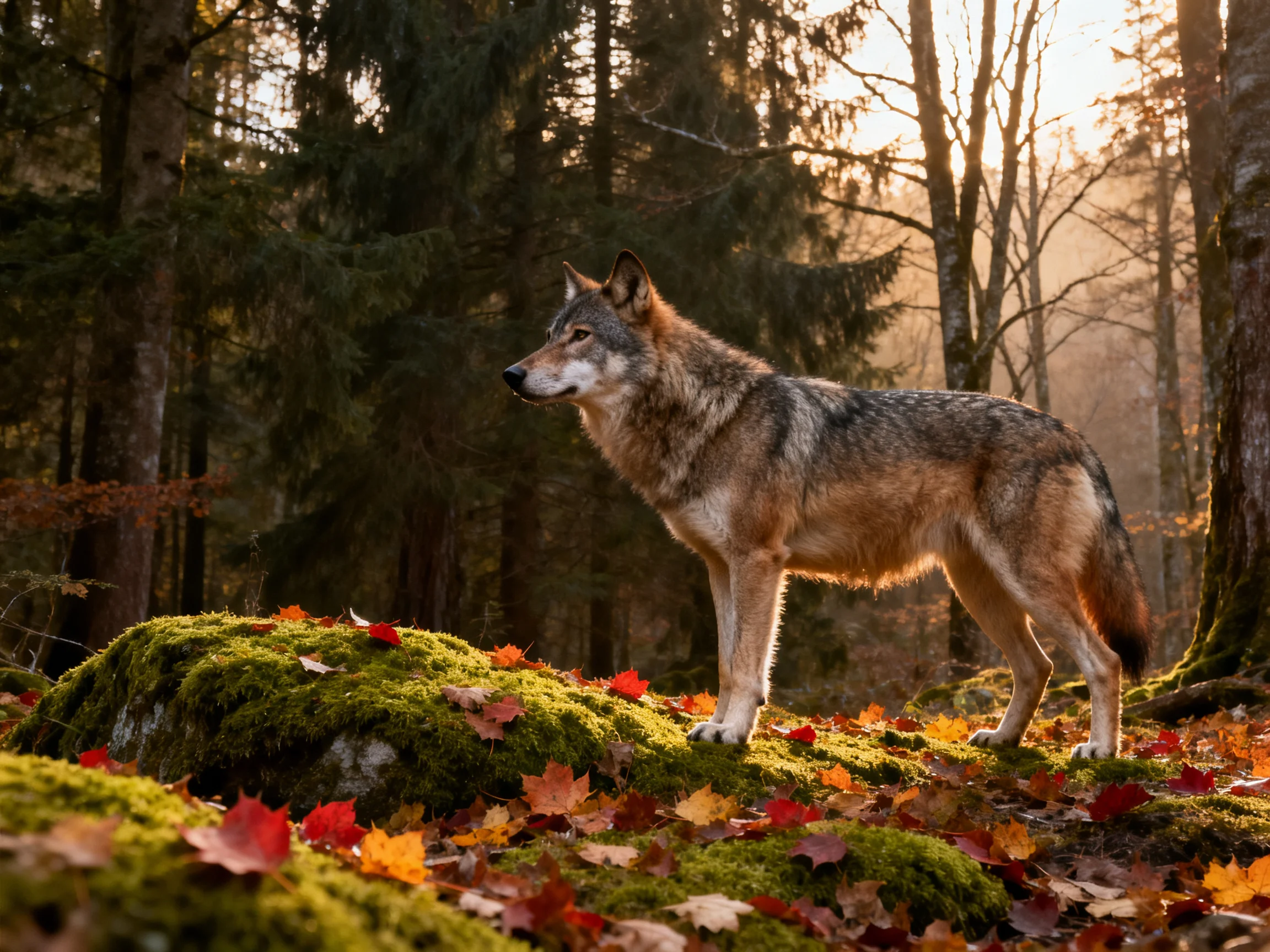 A gray wolf observes its surroundings in a sunlit autumn forest.