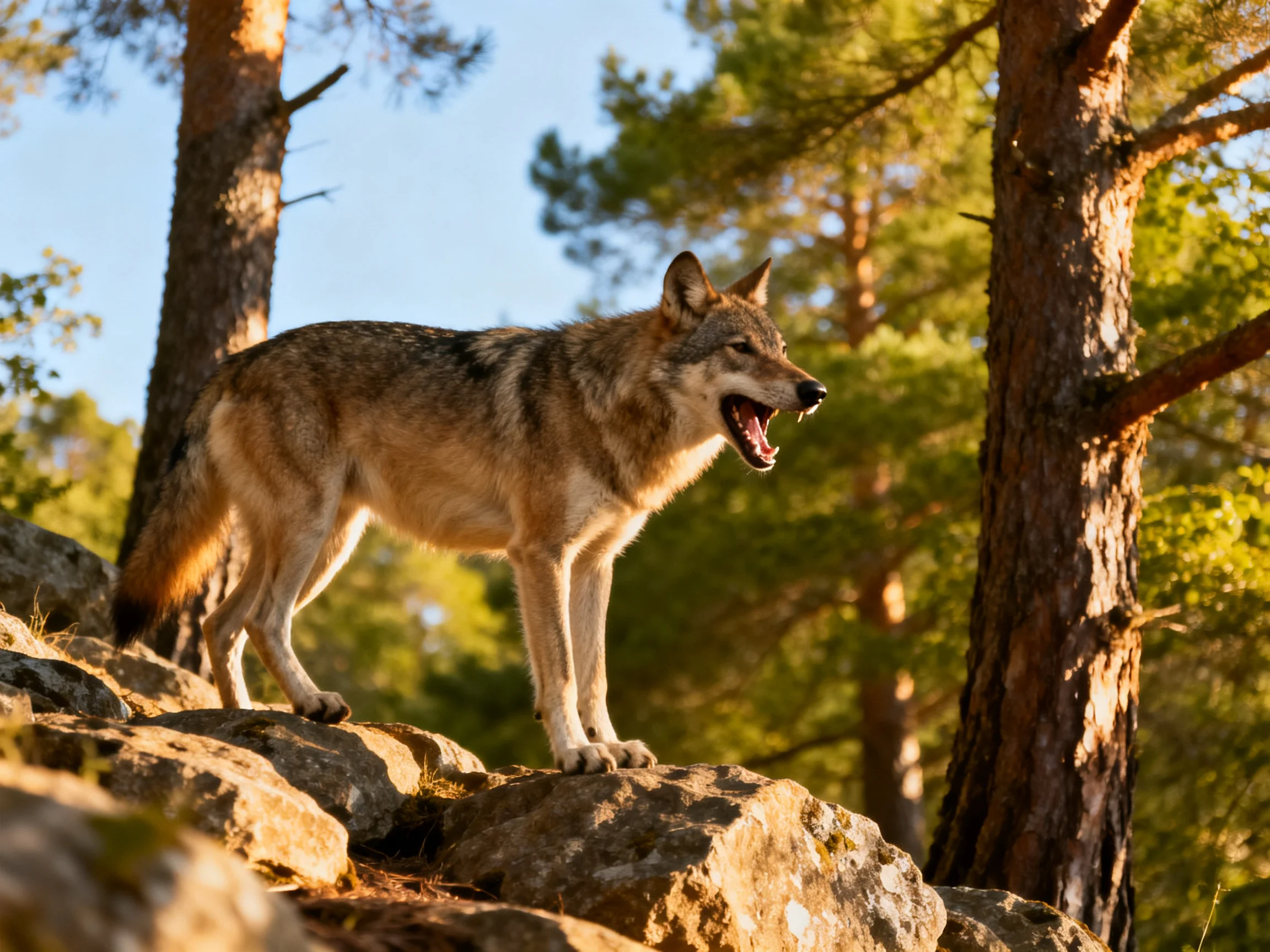 A gray wolf vocalizes while standing on rocks among tall pine trees.