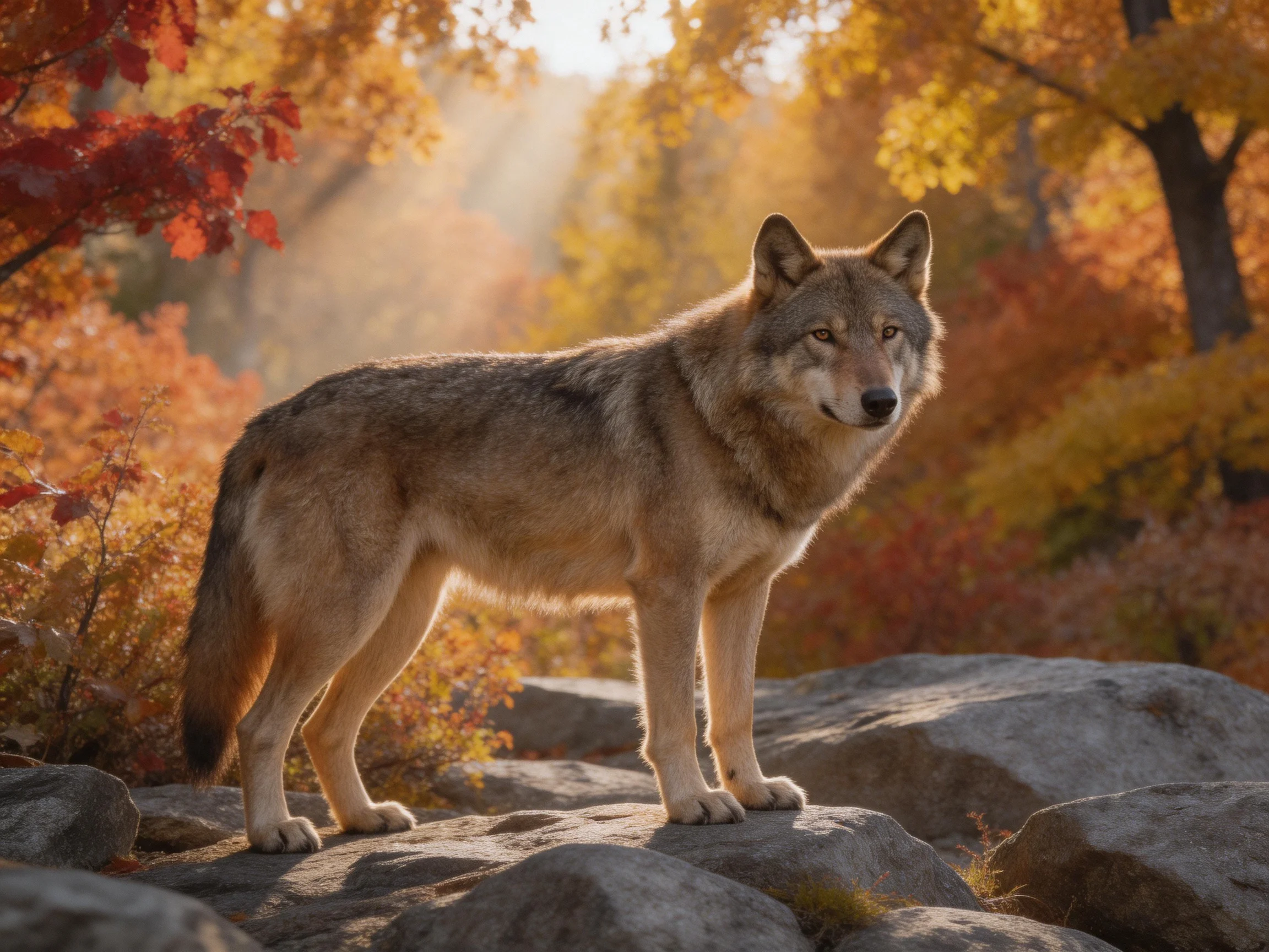 A gray wolf stands on rocks amidst colorful autumn vegetation.
