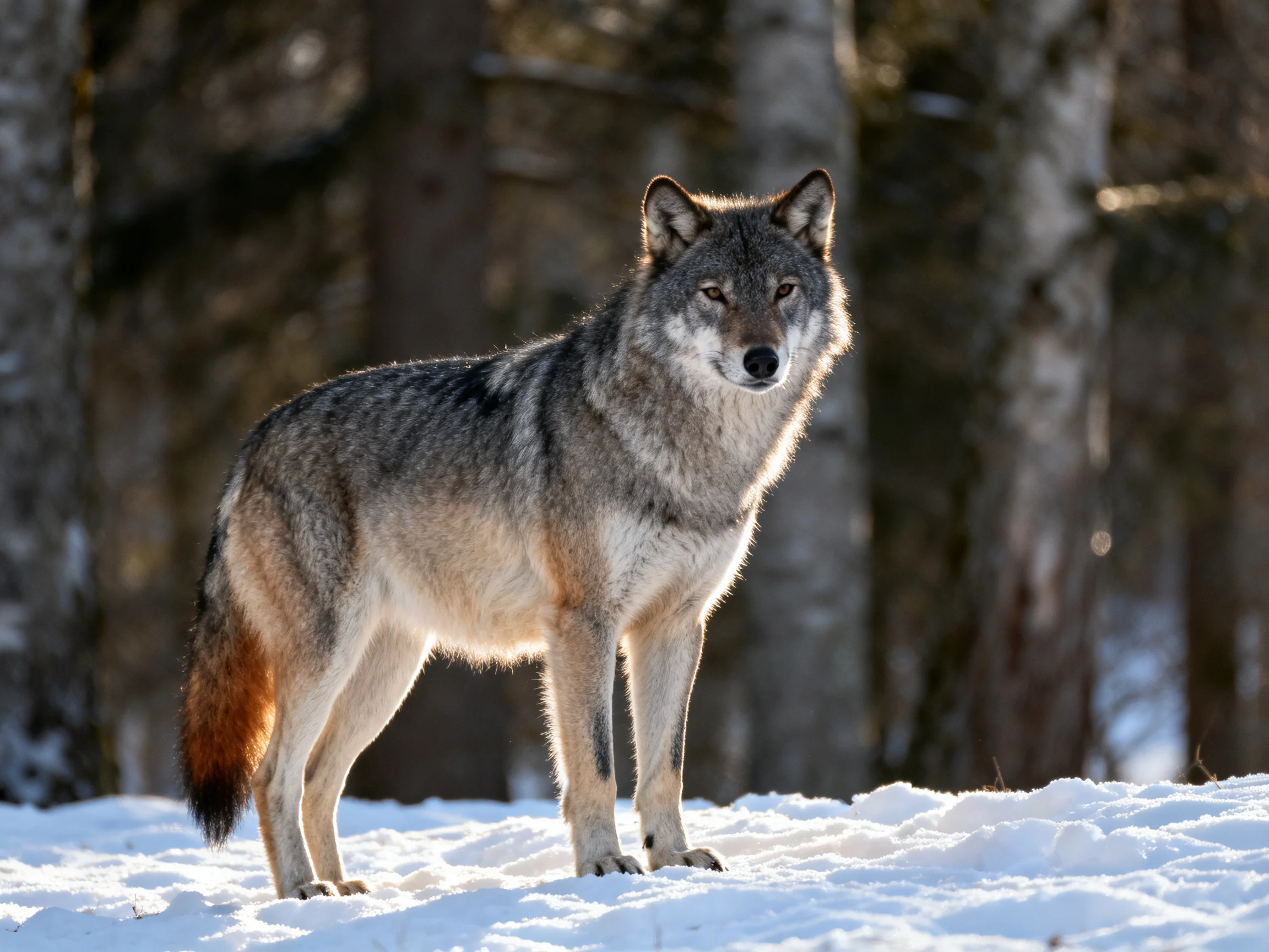 A gray wolf stands on snow in a forested area.