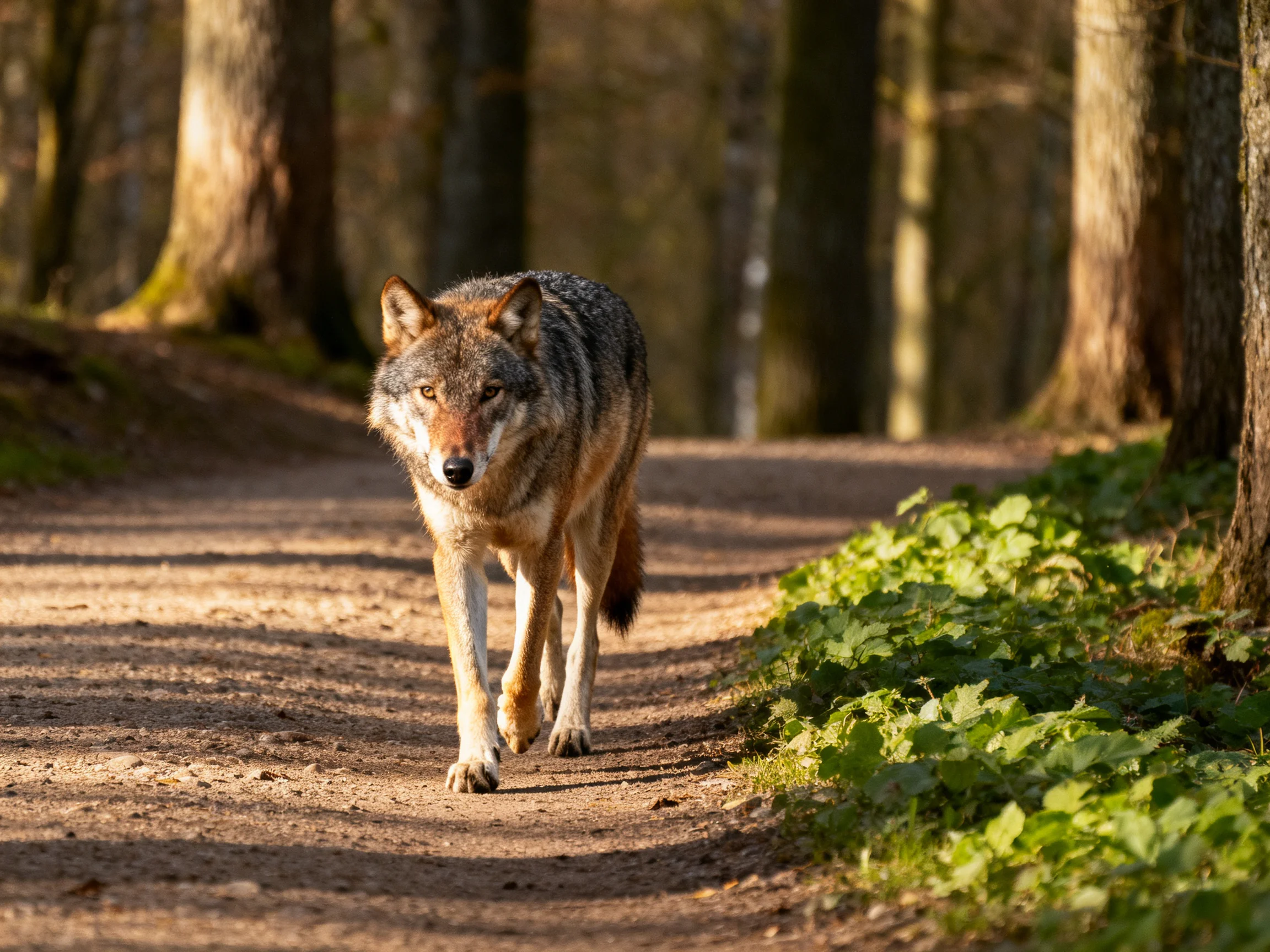 A gray wolf moves along a sunlit forest path bordered by tall trees