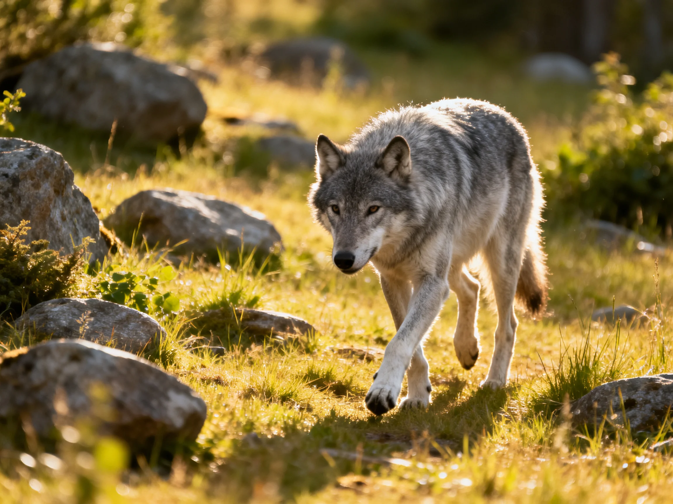 A gray wolf walks through a sunlit rocky meadow with scattered stones