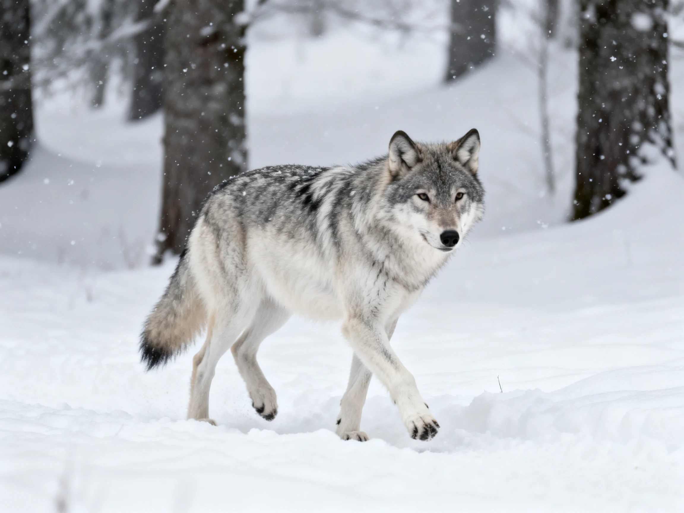 A gray wolf moves through deep snow in a snowy forest.