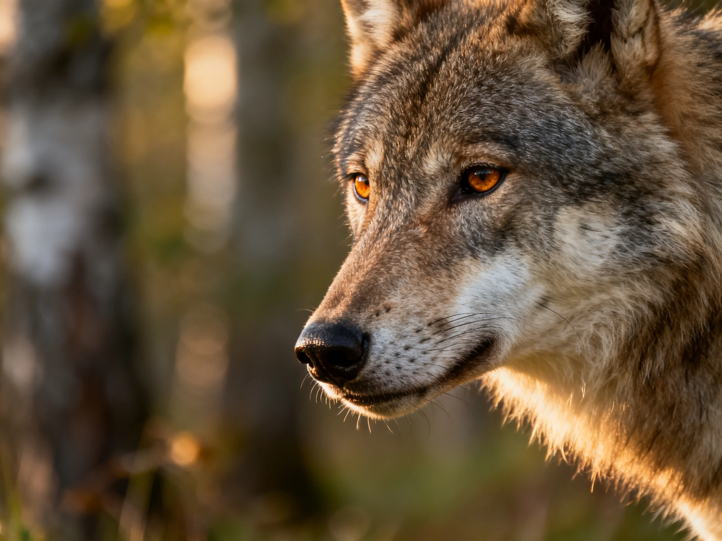 A gray wolf focuses intently amid a sunlit forest.