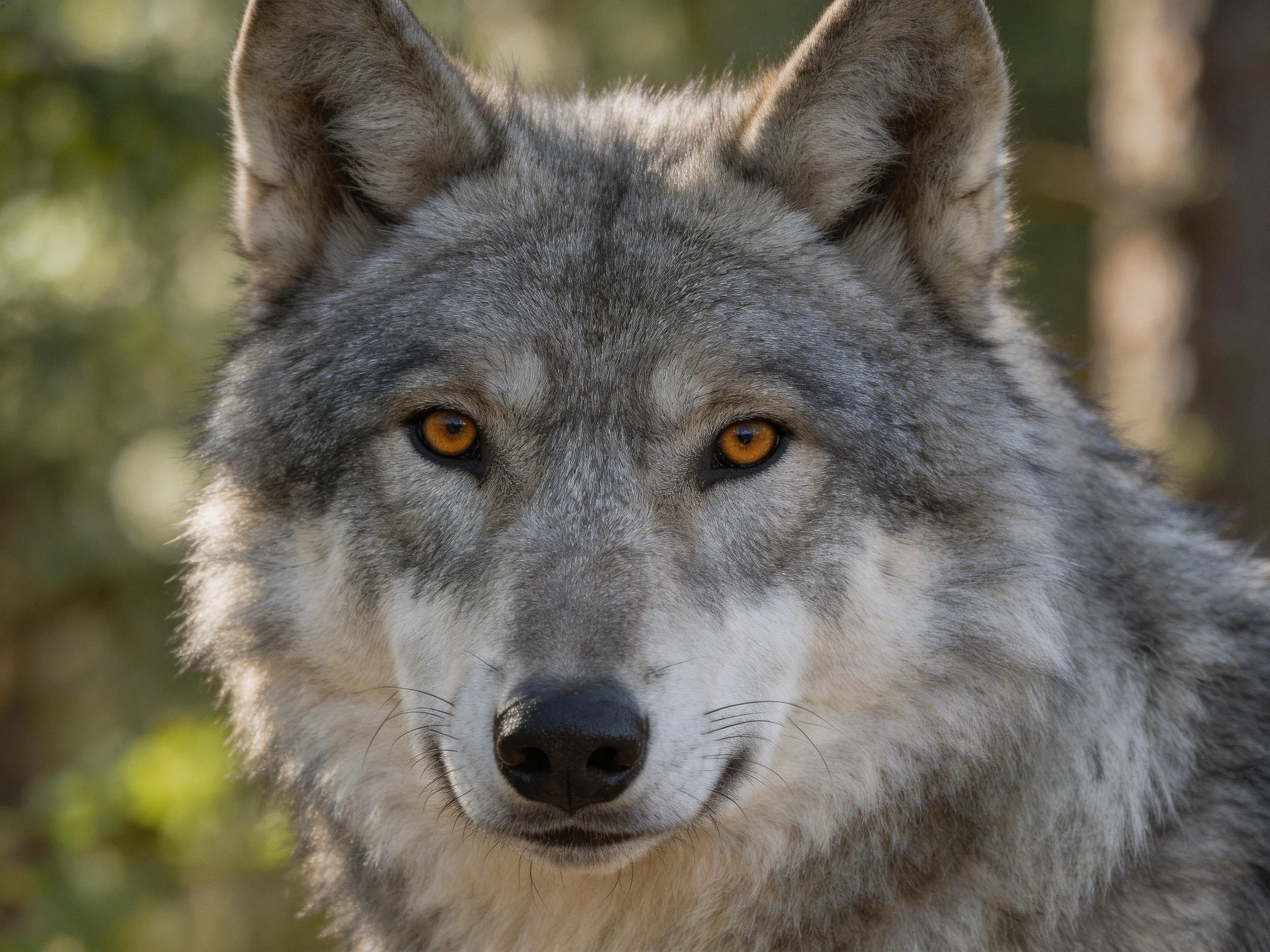 A gray wolf gazes intently in a sun-dappled forest.