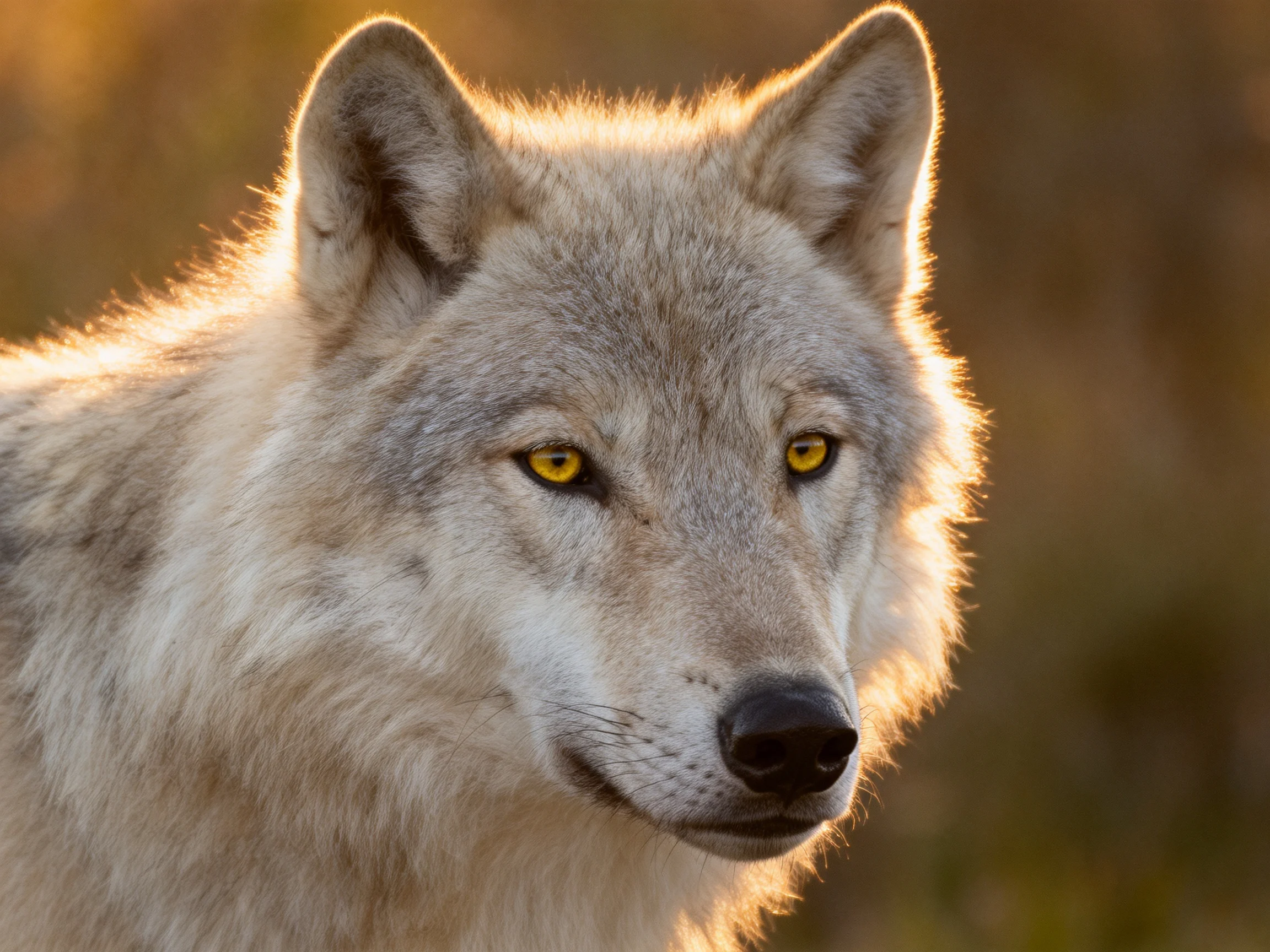 A gray wolf with golden eyes stands out in warm light amid a blurred natural scene.
