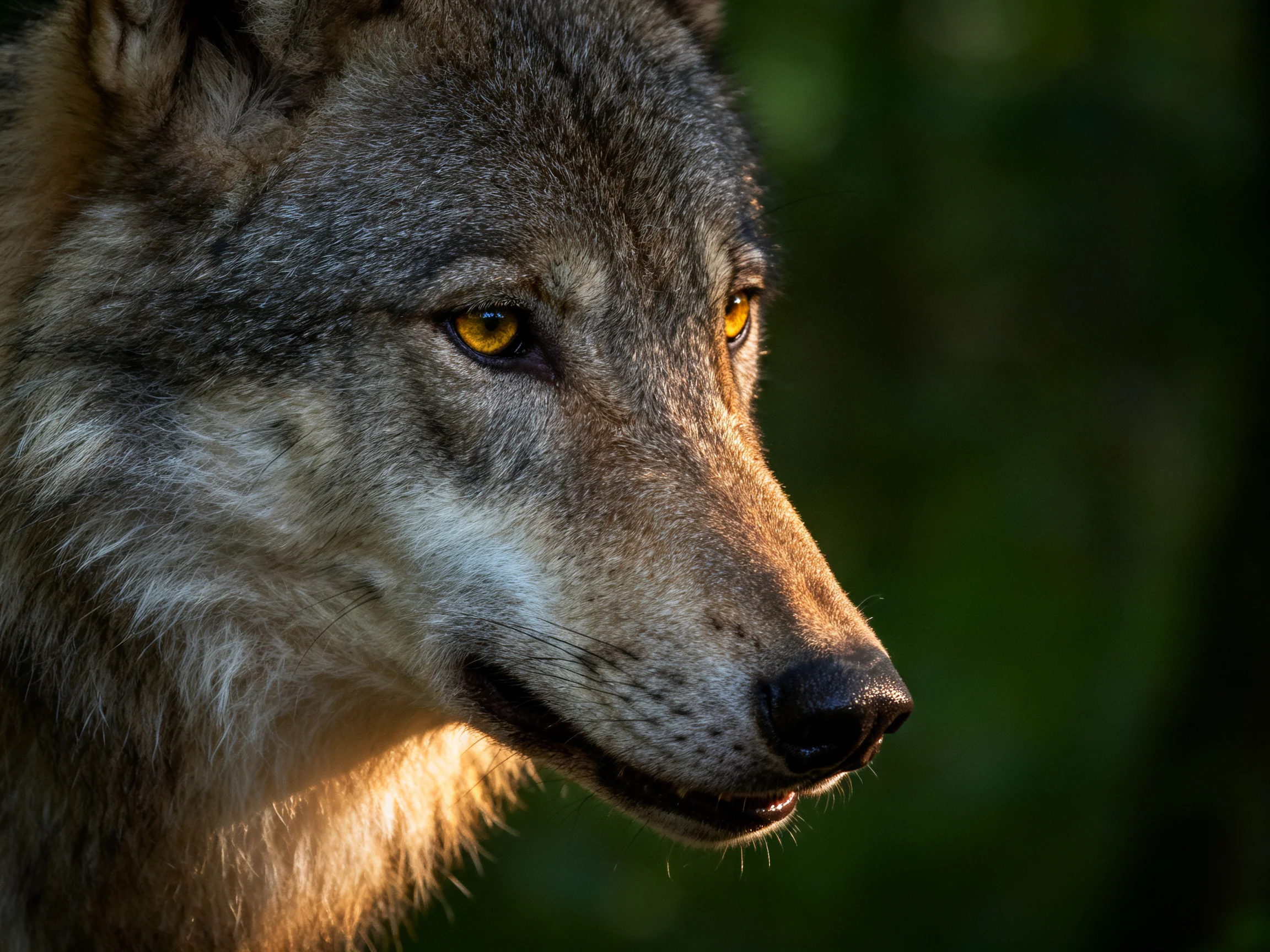 A gray wolf with golden eyes lit by warm sunlight