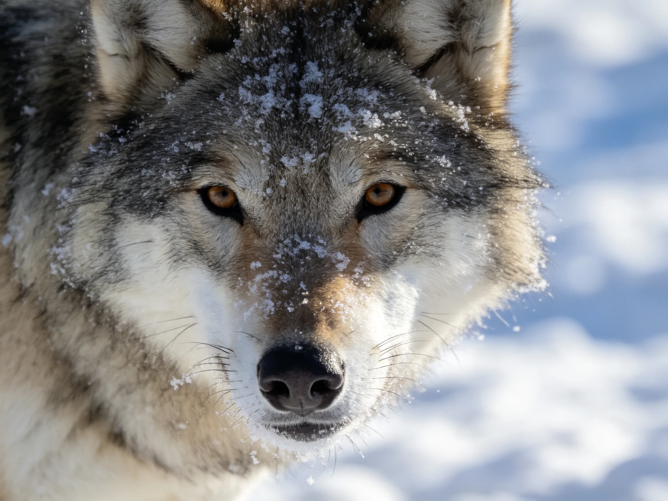 A gray wolf with snow-dusted fur in a wintry landscape