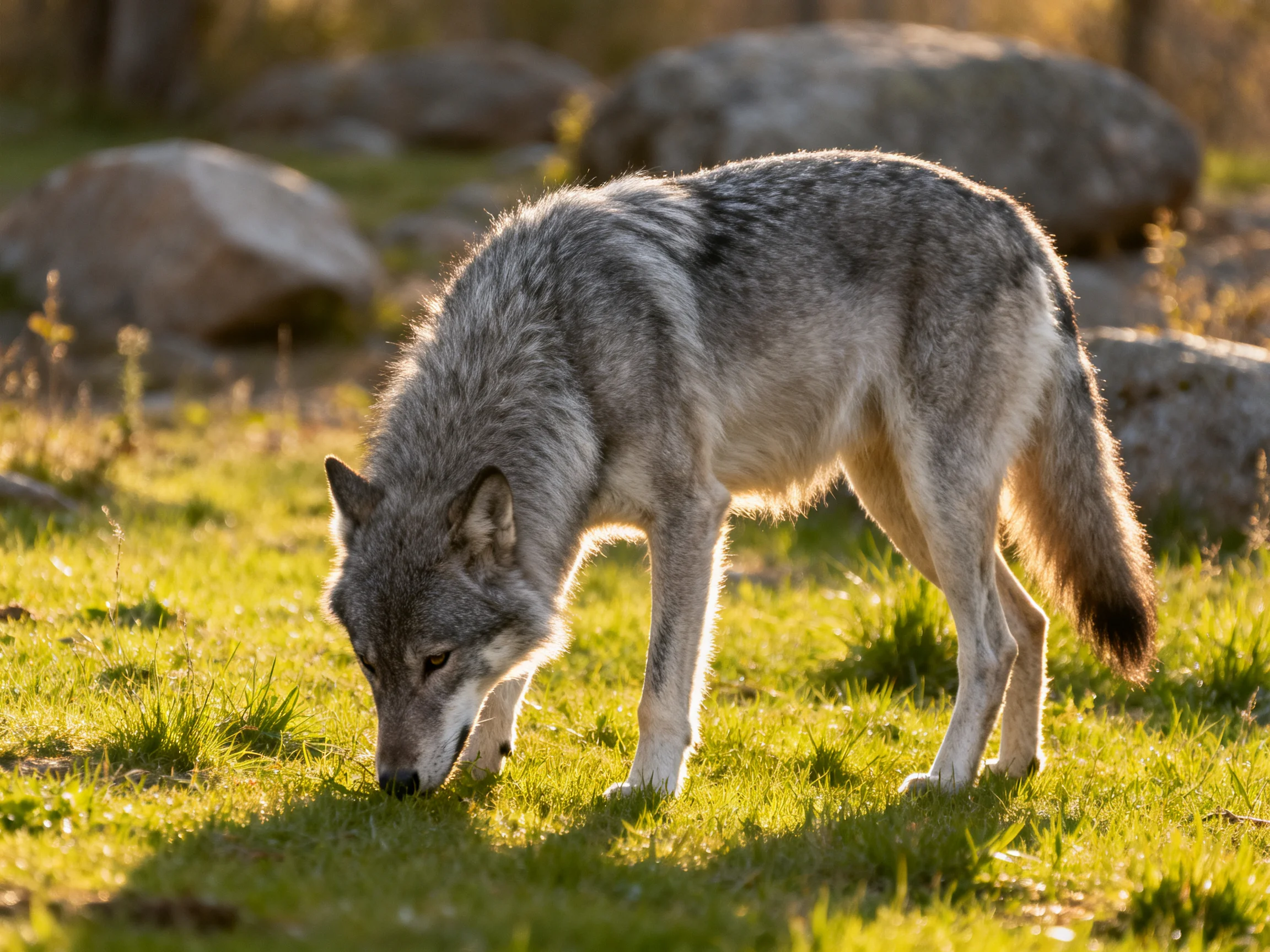 A gray wolf with thick fur sniffs grass near large rocks in golden light