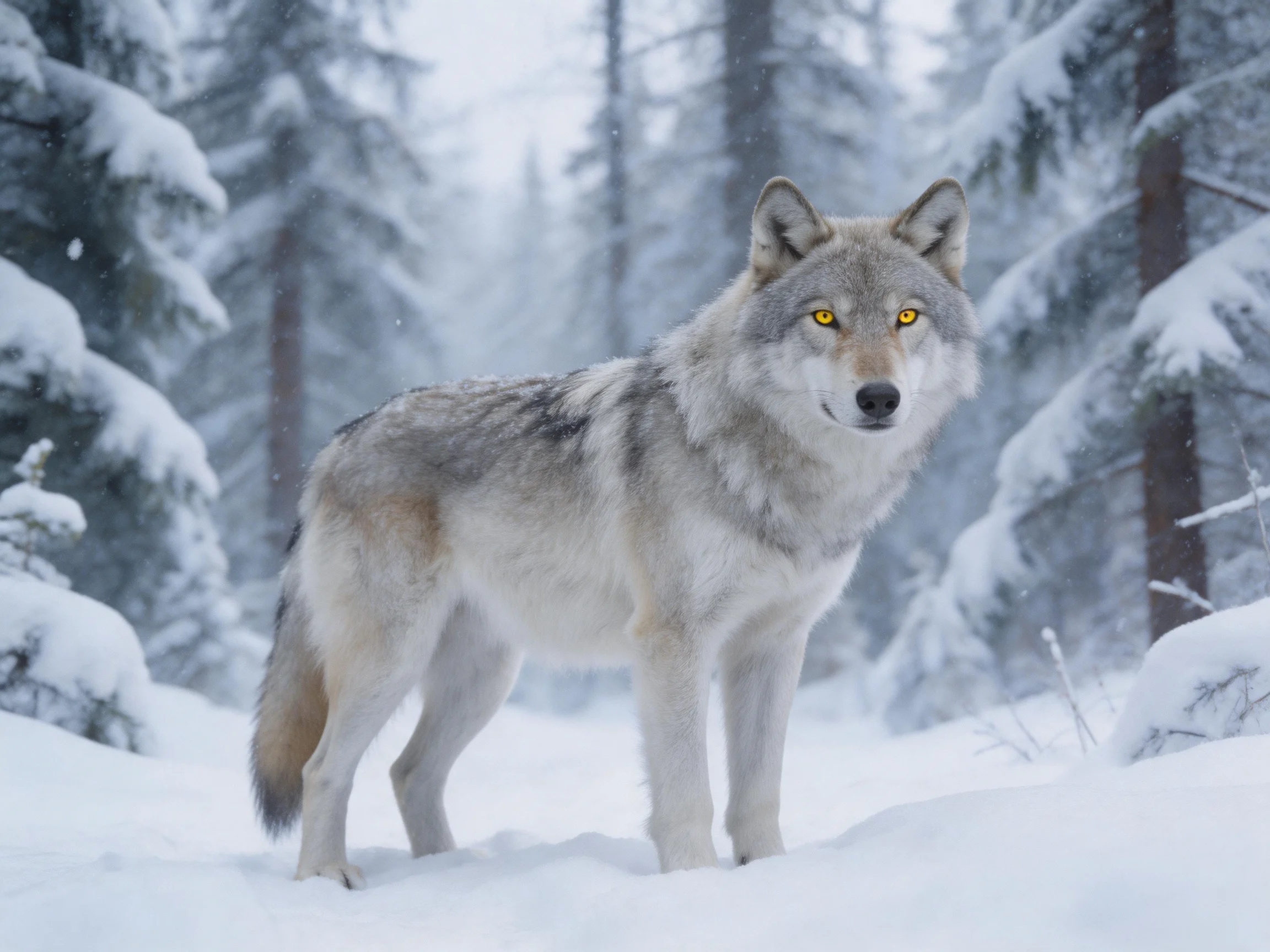 A gray wolf with yellow eyes in a snow-laden pine forest