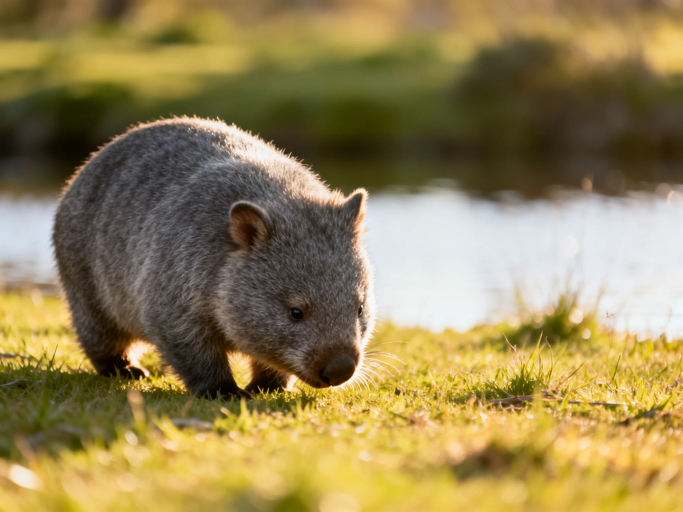 A gray wombat forages on sunlit grass near a calm water body