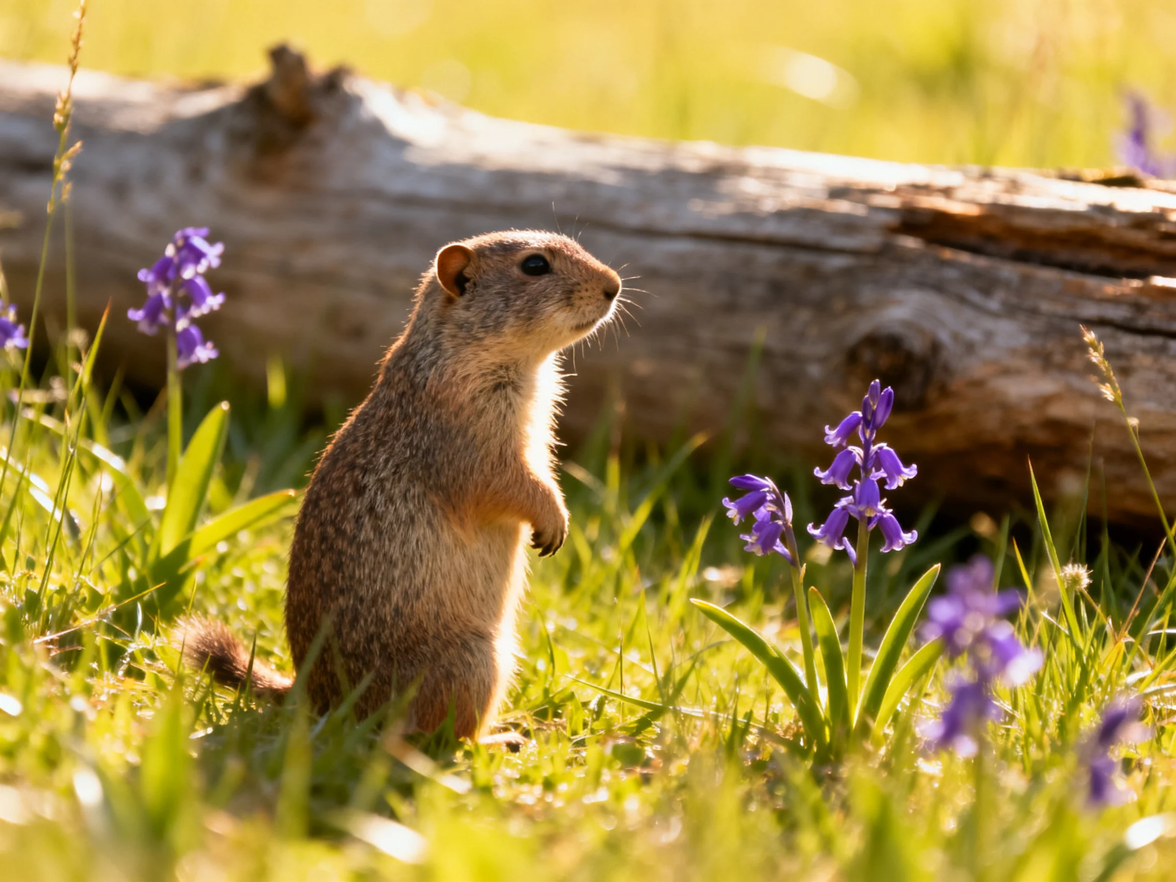 A ground squirrel near purple flowers and a fallen log in sunlight