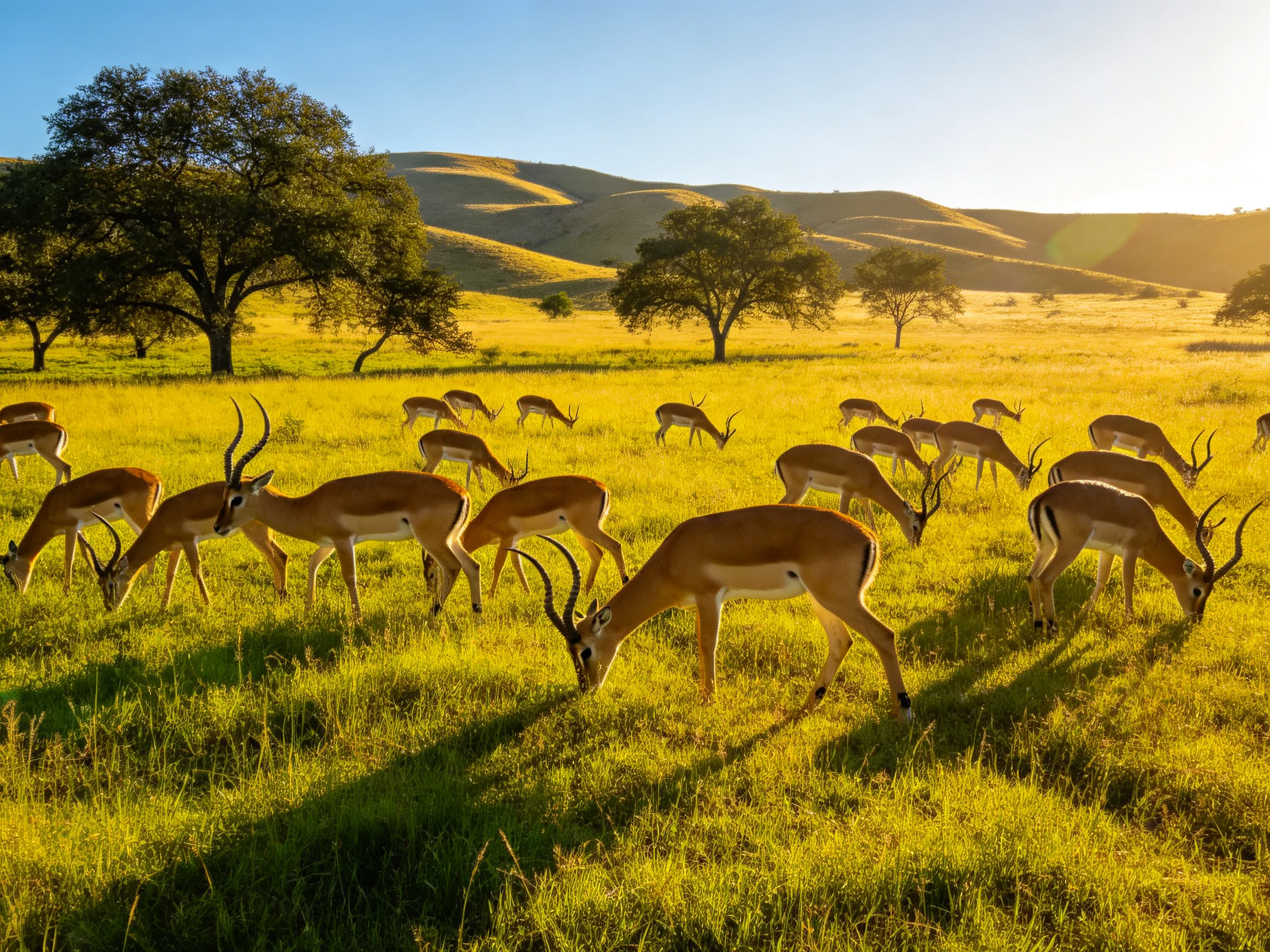 Antelopes graze in a sunlit savannah with hills and trees.