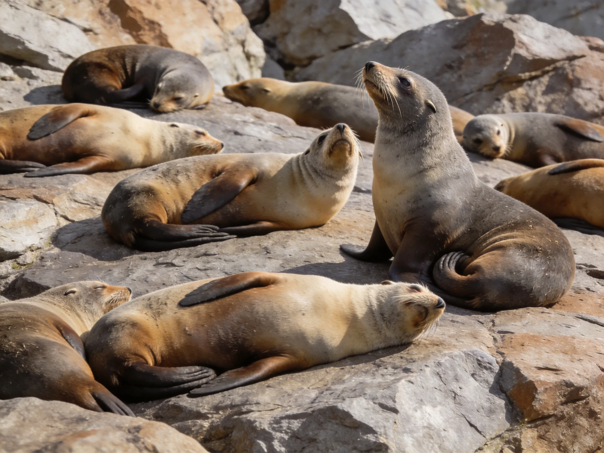 A group of brown and gray sea lions resting on rocky terrain