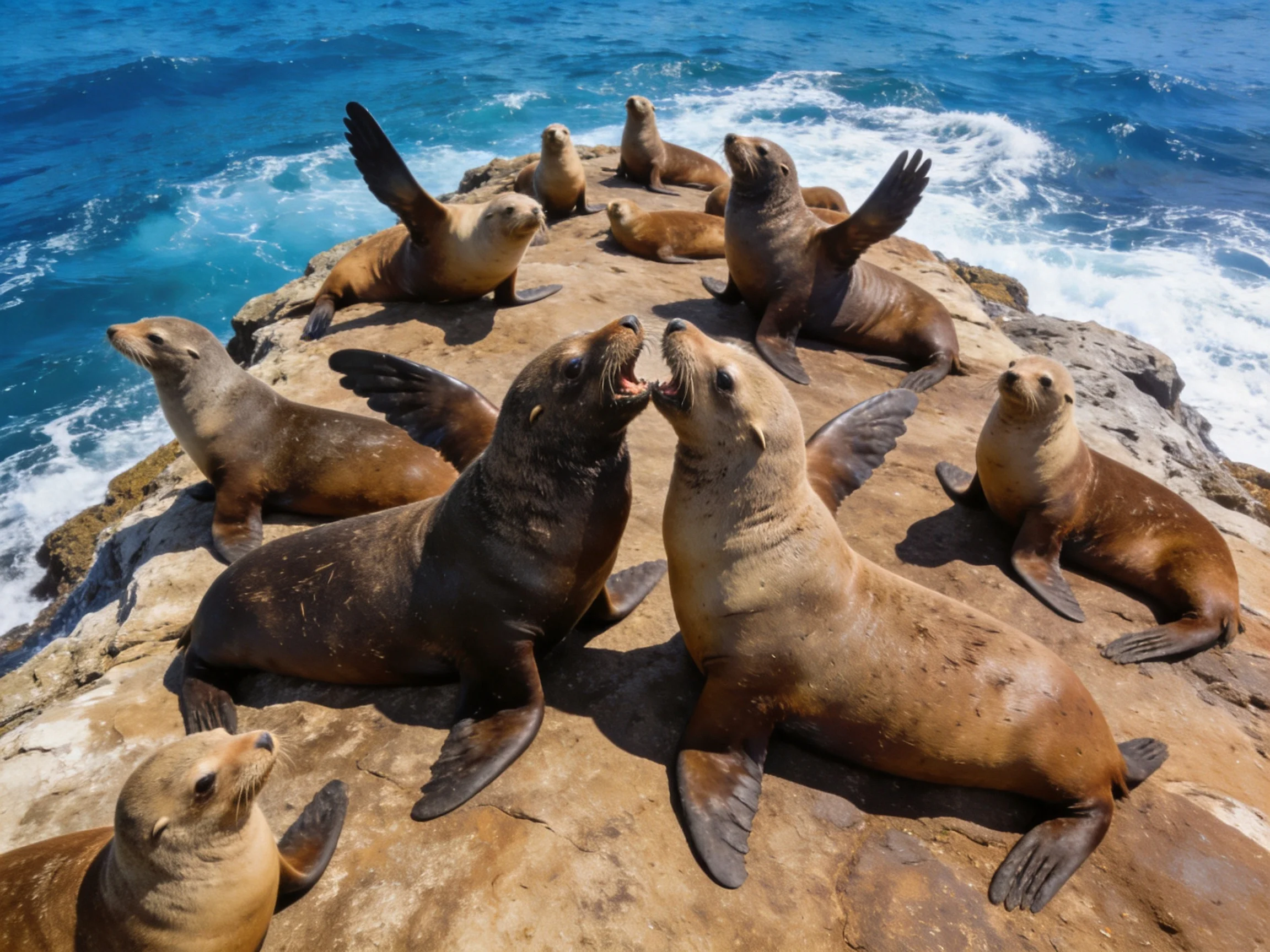 A group of brown and tan sea lions gathers on a rocky outcrop by the blue ocean