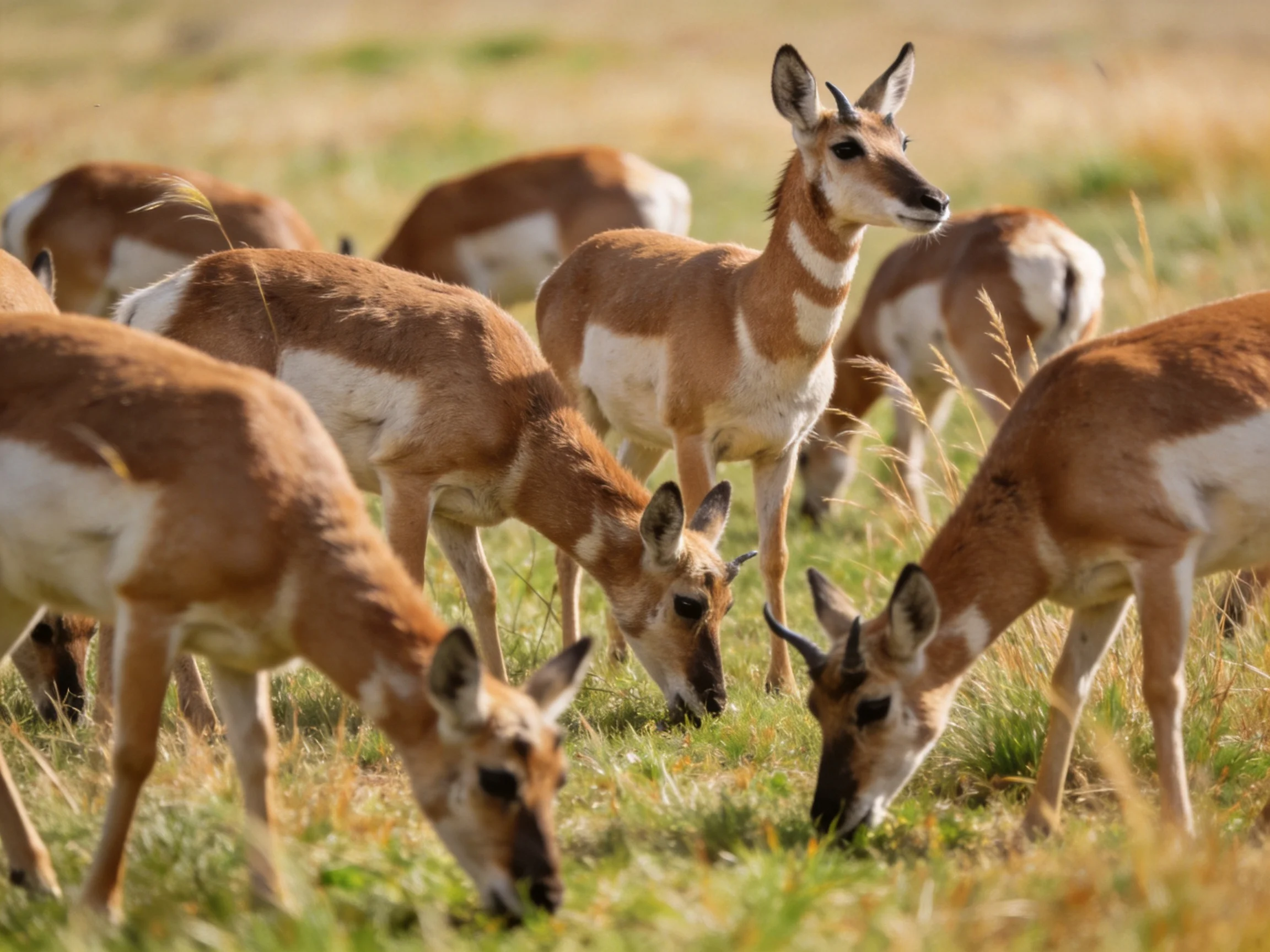 A group of brown-and-white antelopes grazing in a sunlit meadow