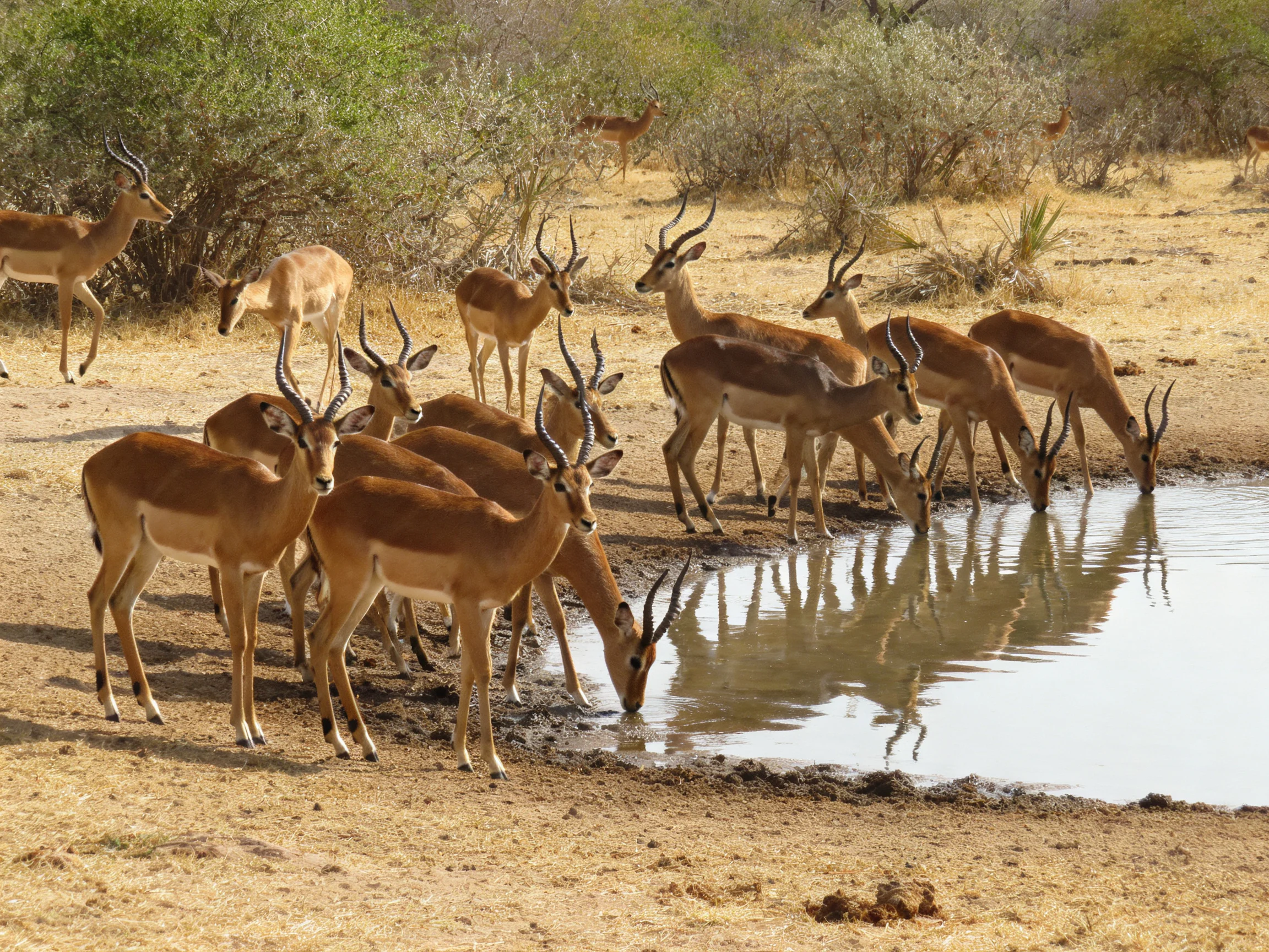 Antelopes gather around a small watering hole in a dry savannah setting.