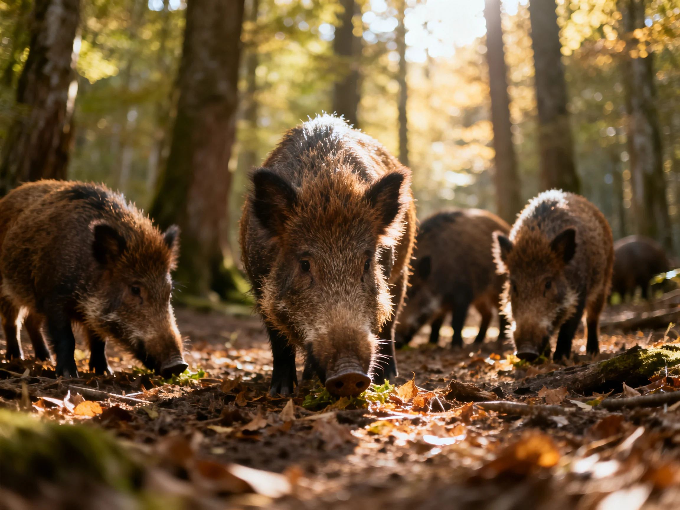 A group of brown wild boars forages in a sunlit autumn forest
