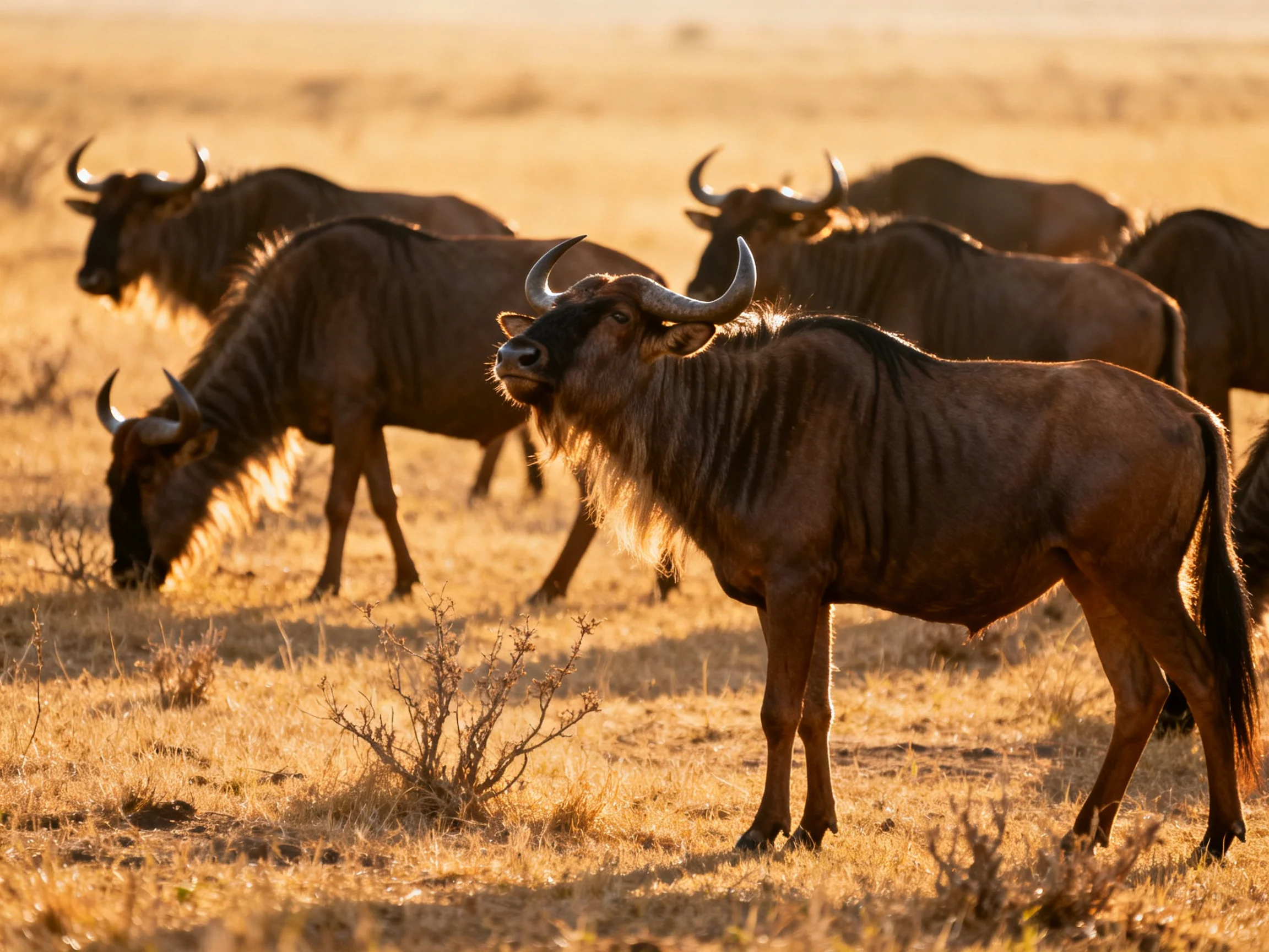 Wildebeests graze and move through a sunlit savannah landscape.