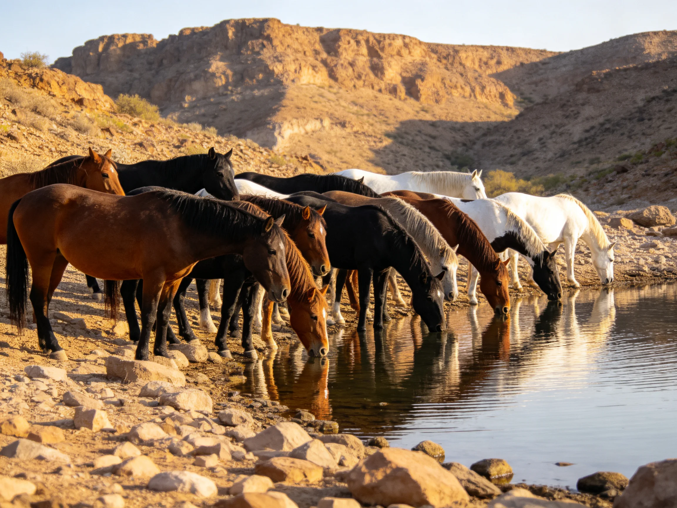 A group of colorful horses drinks from a rocky stream in a canyon