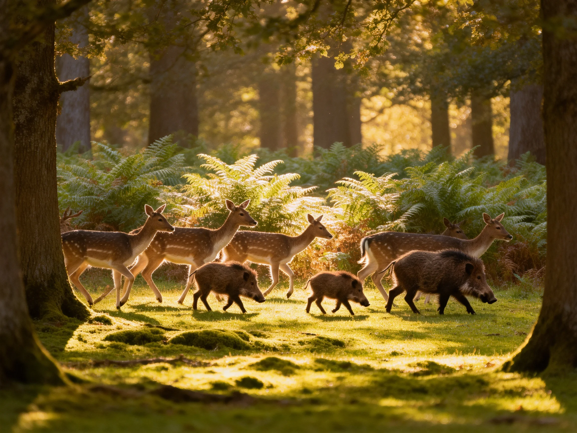 A group of deer and wild boars moves through a sunlit forest glade
