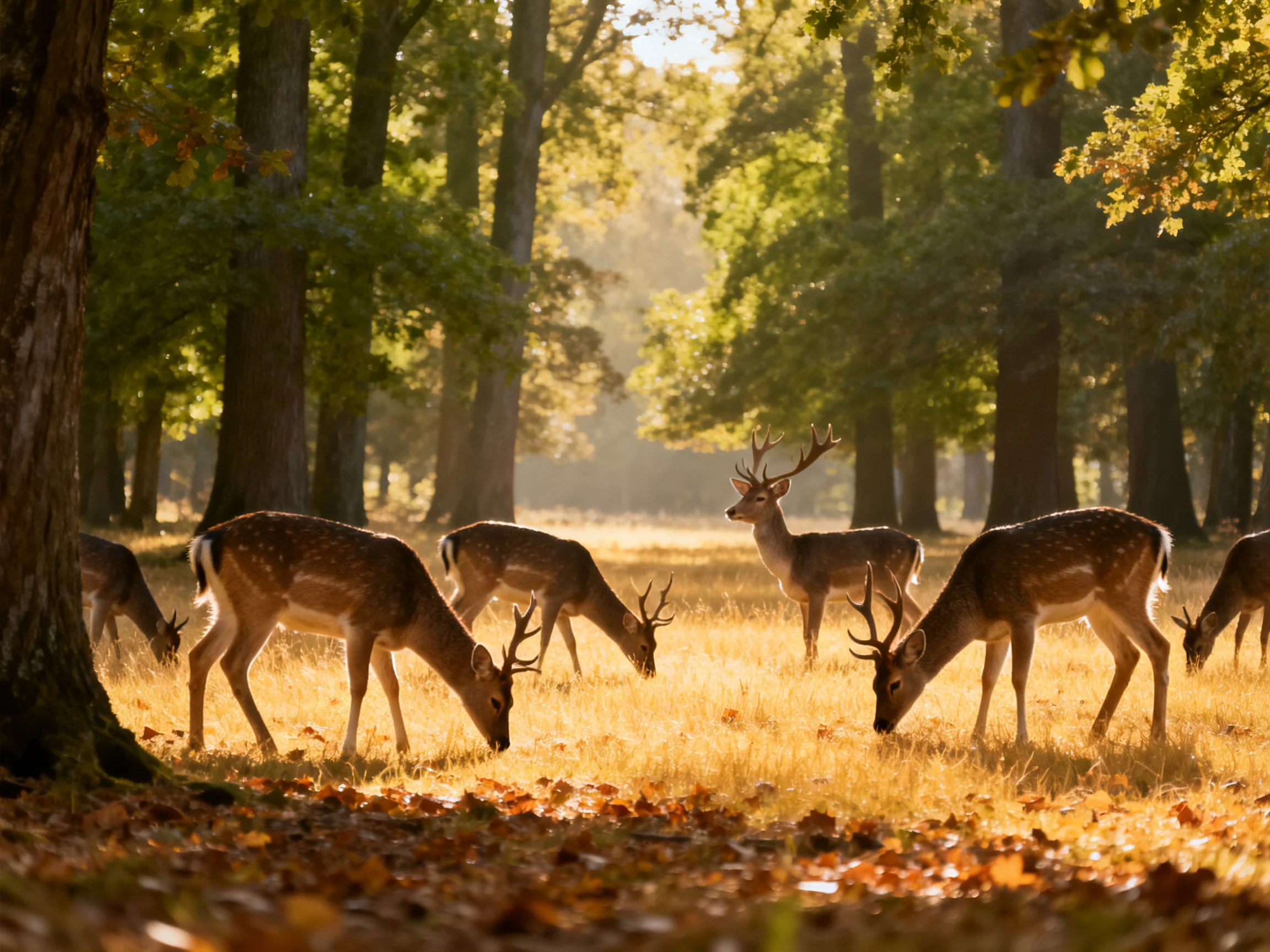 Deer graze in a sunlit forest clearing with tall trees.
