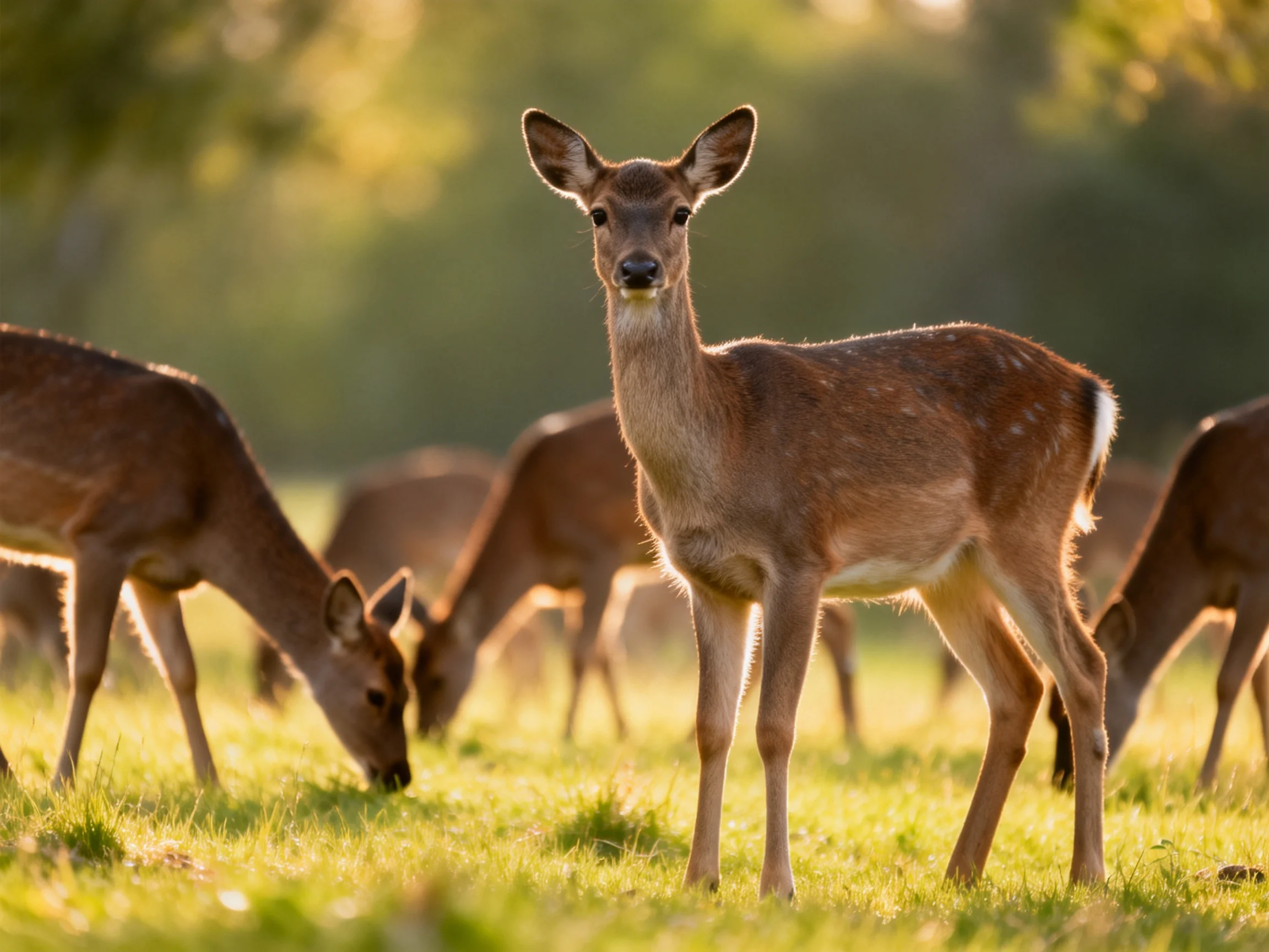 Deer graze in a sunlit meadow with one looking toward the viewer.