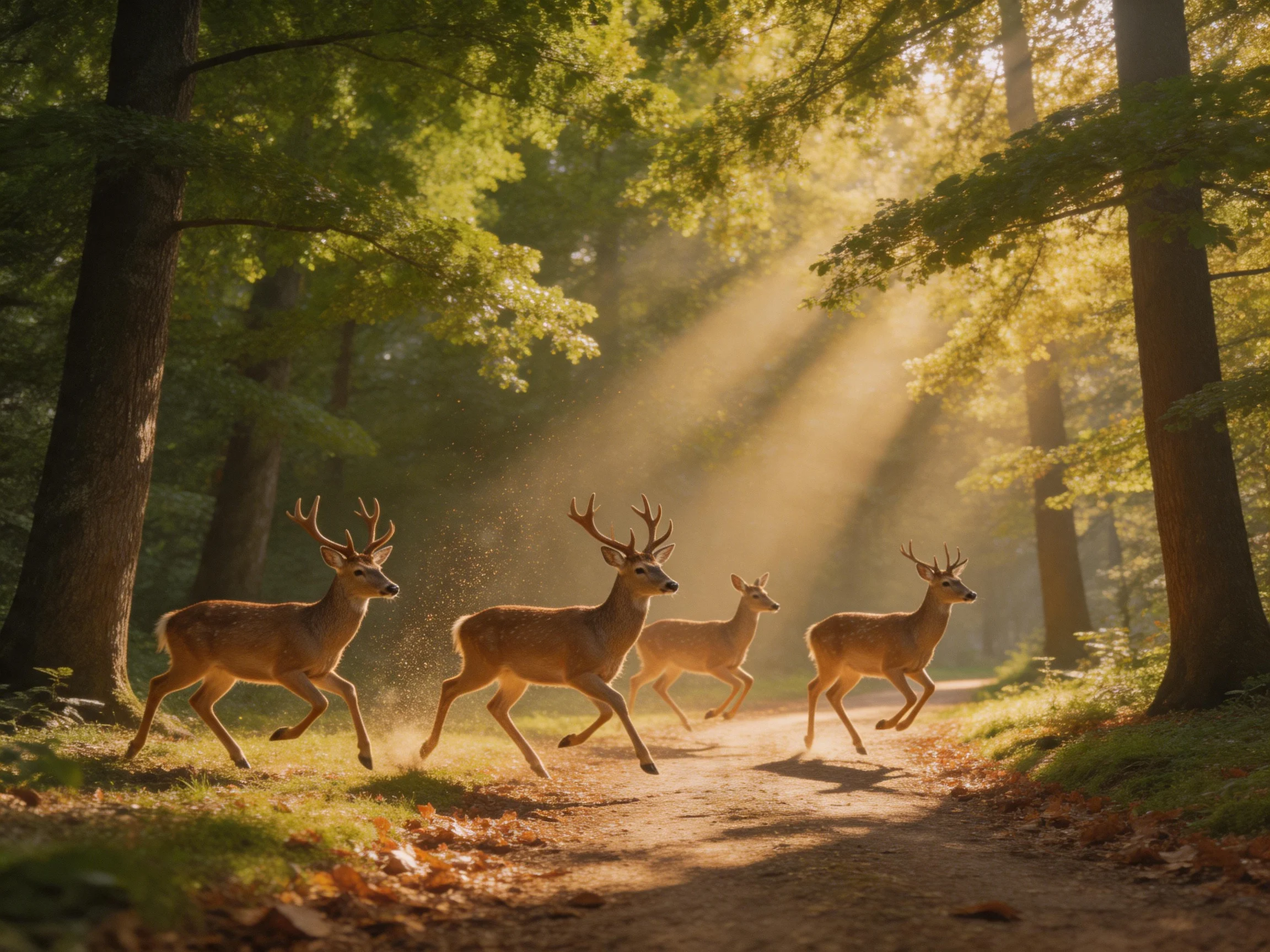 Four deer run along a sunlit forest path near tall trees.