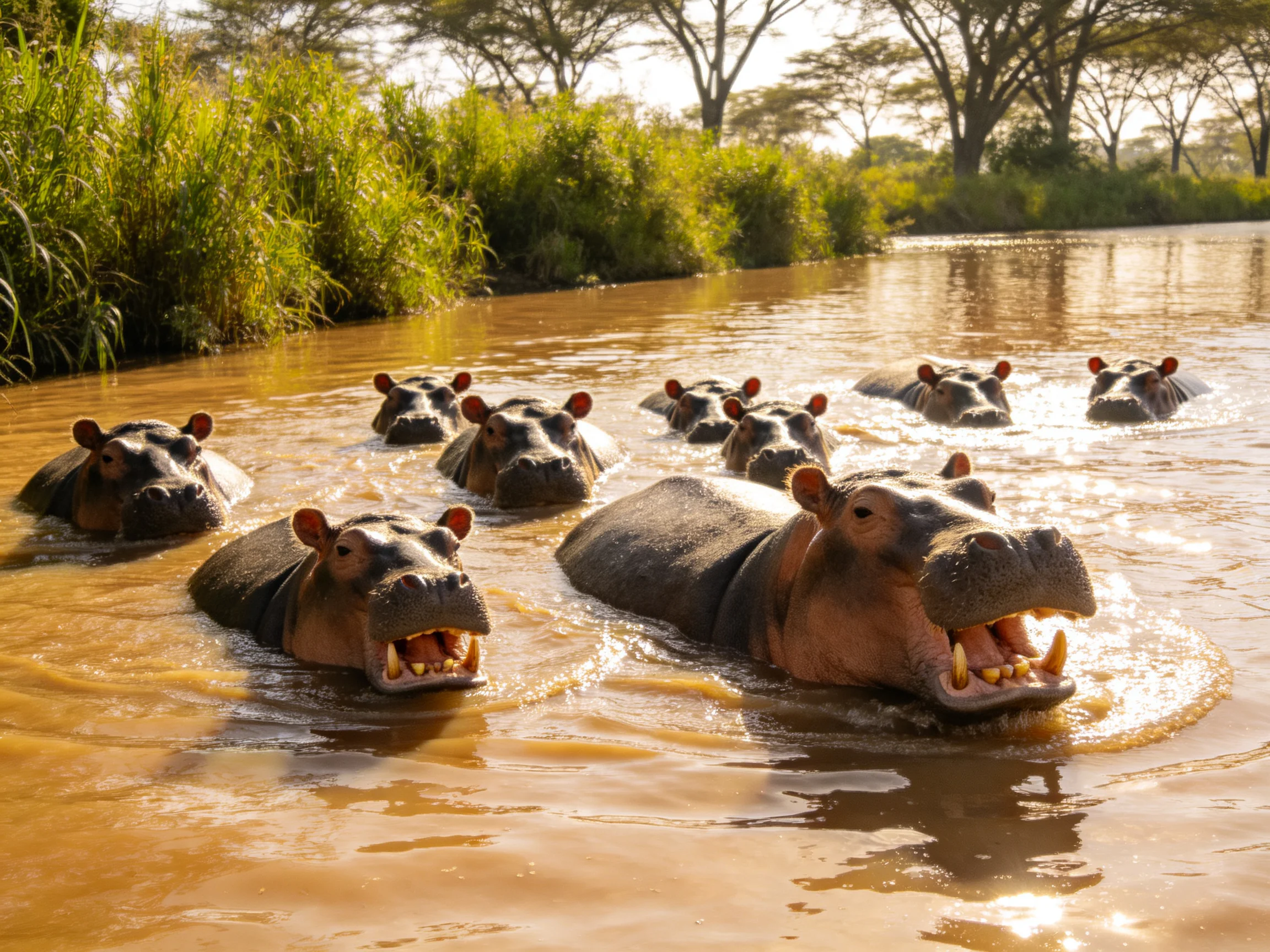 A group of hippos swimming in muddy waters near lush greenery